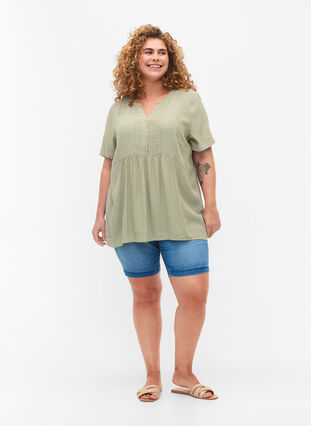 Viscose blouse met korte mouwen en plooien, Seagrass , Model image number 2