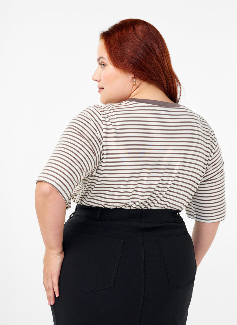 Gestreept T-shirt van lyocell met ronde hals, Bruin, Model image number 2