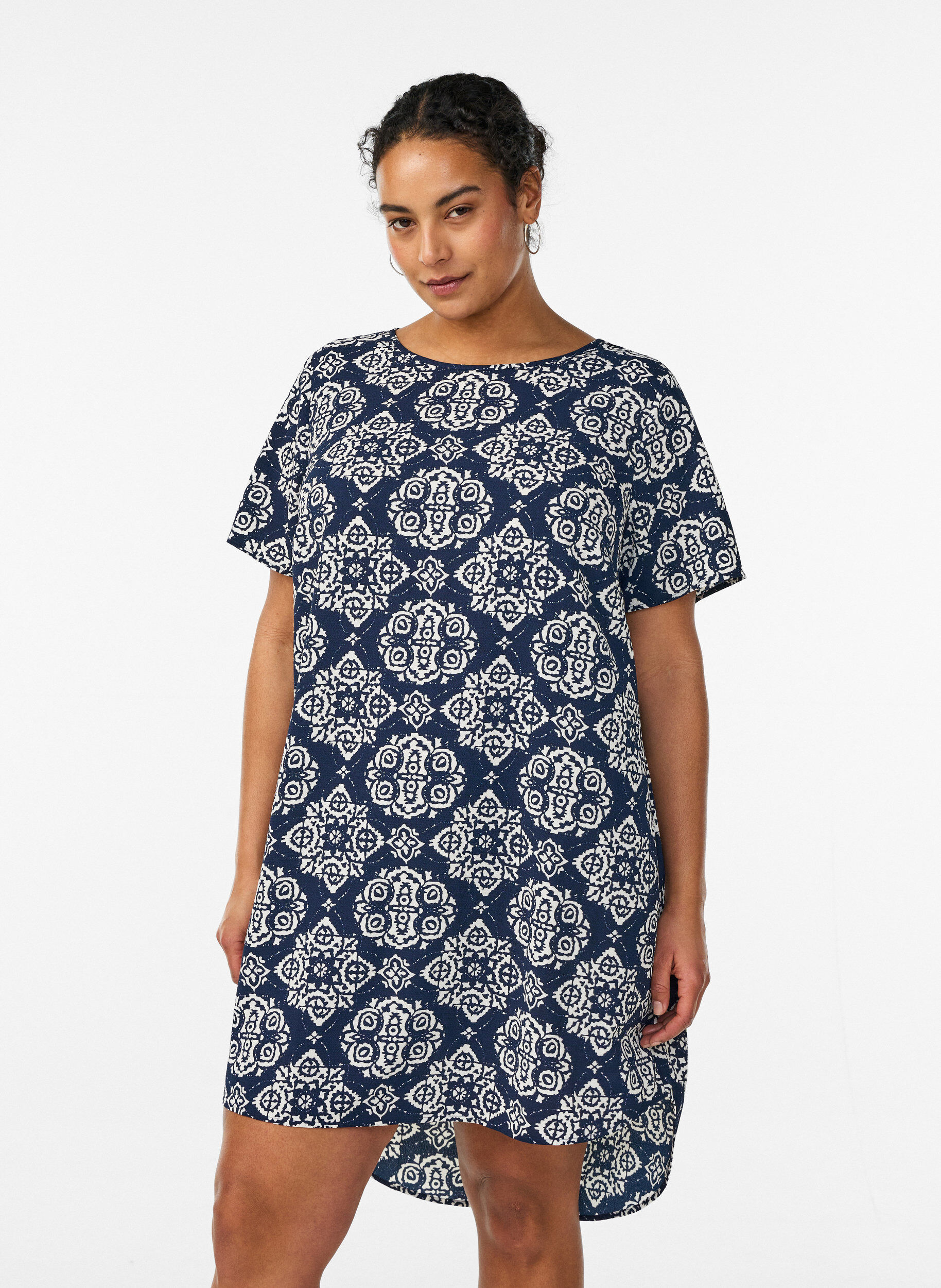 Zizzi Jurk met print en korte mouwen, Blauw, Model image number 0