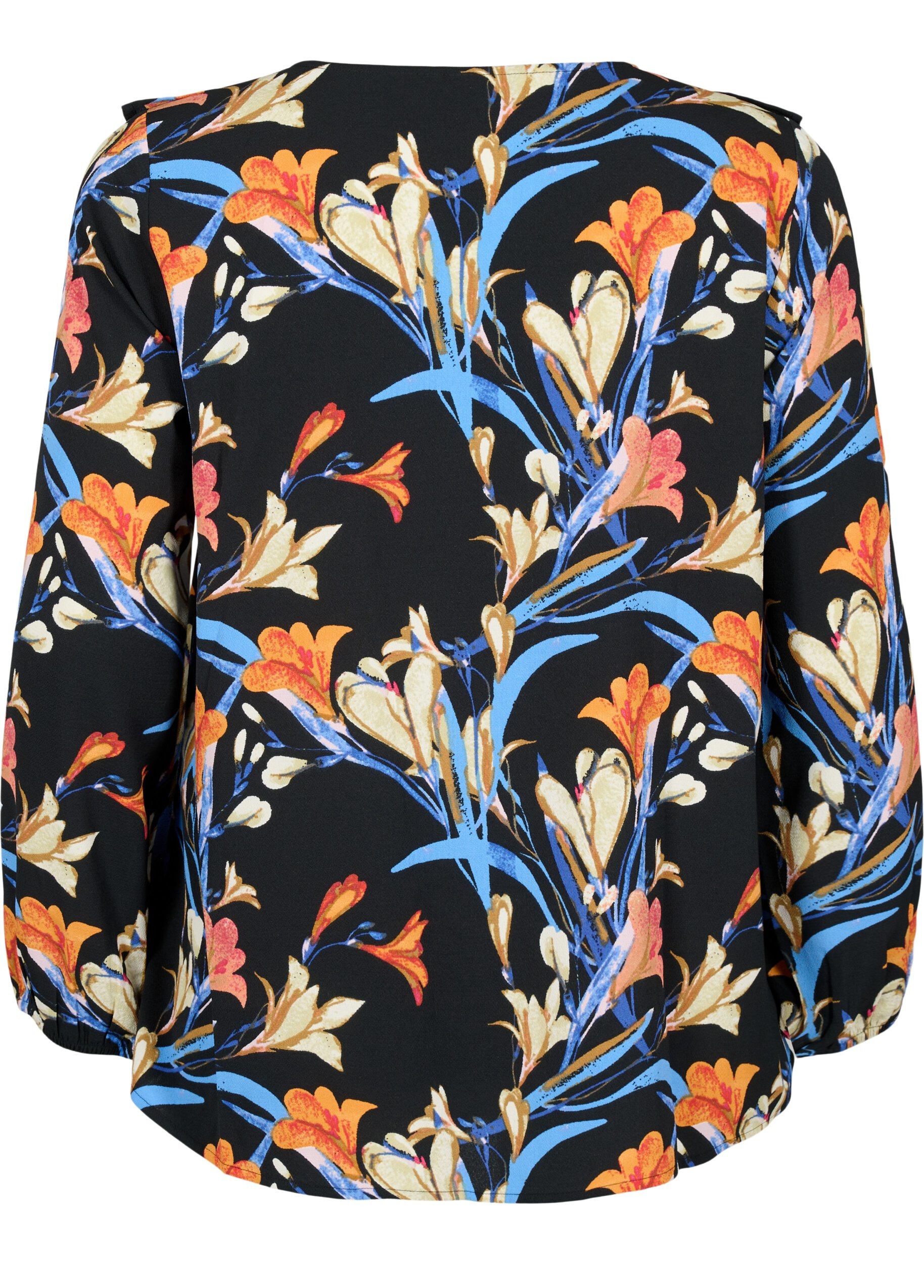 Zizzi Blouse met lange mouwen en ruches, Black Flower AOP, Packshot image number 1