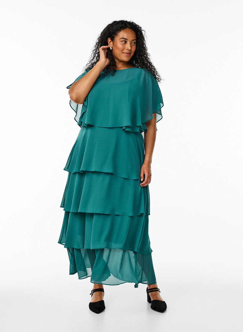 Maxi jurk met ruches en afneembare cape, Groen, Model image number 4