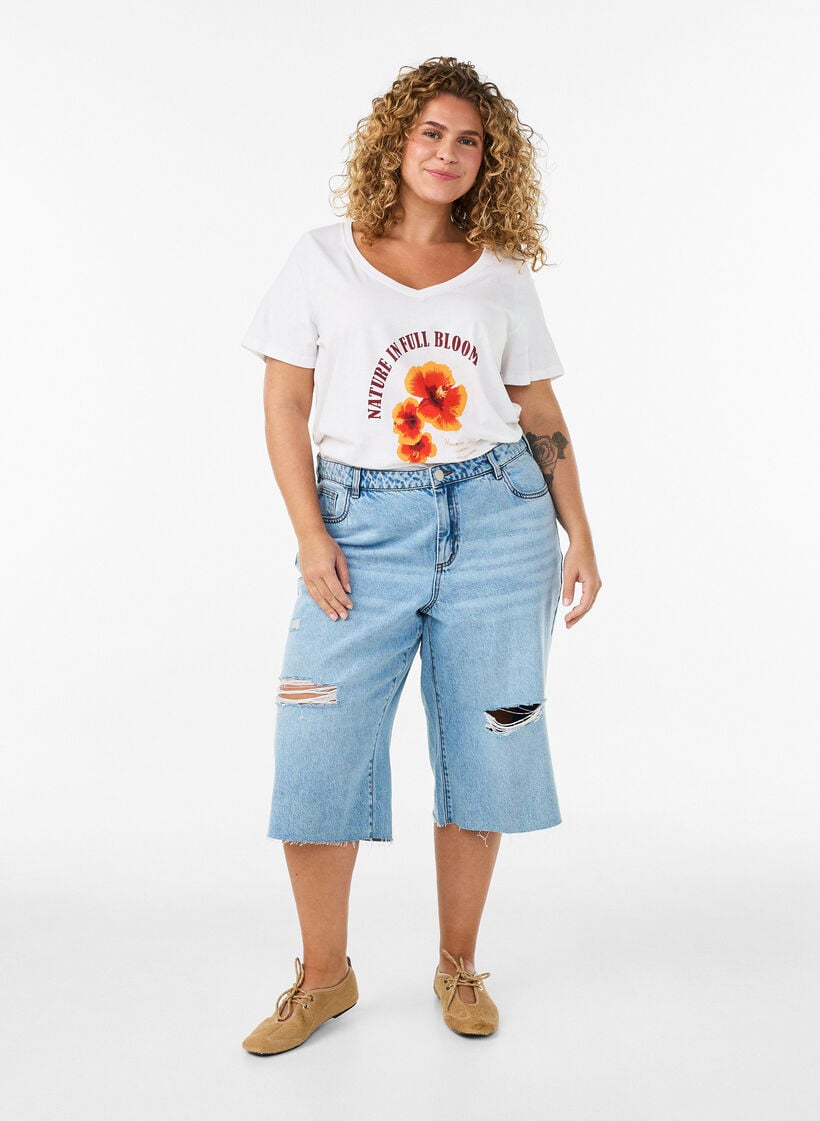 Katoenen T-shirt met V-hals en print aan de voorkant, Wit, Model image number 1