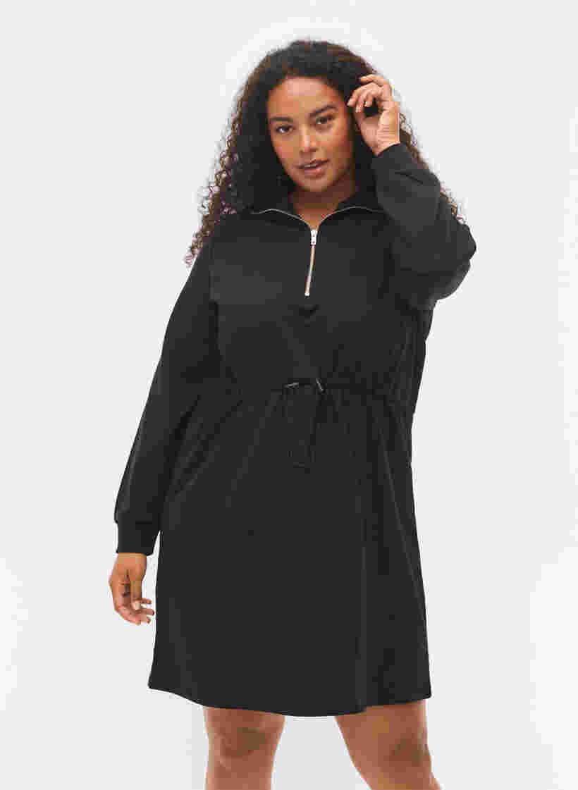 Sweaterjurk met rits en trekkoord, Black, Model image number 0