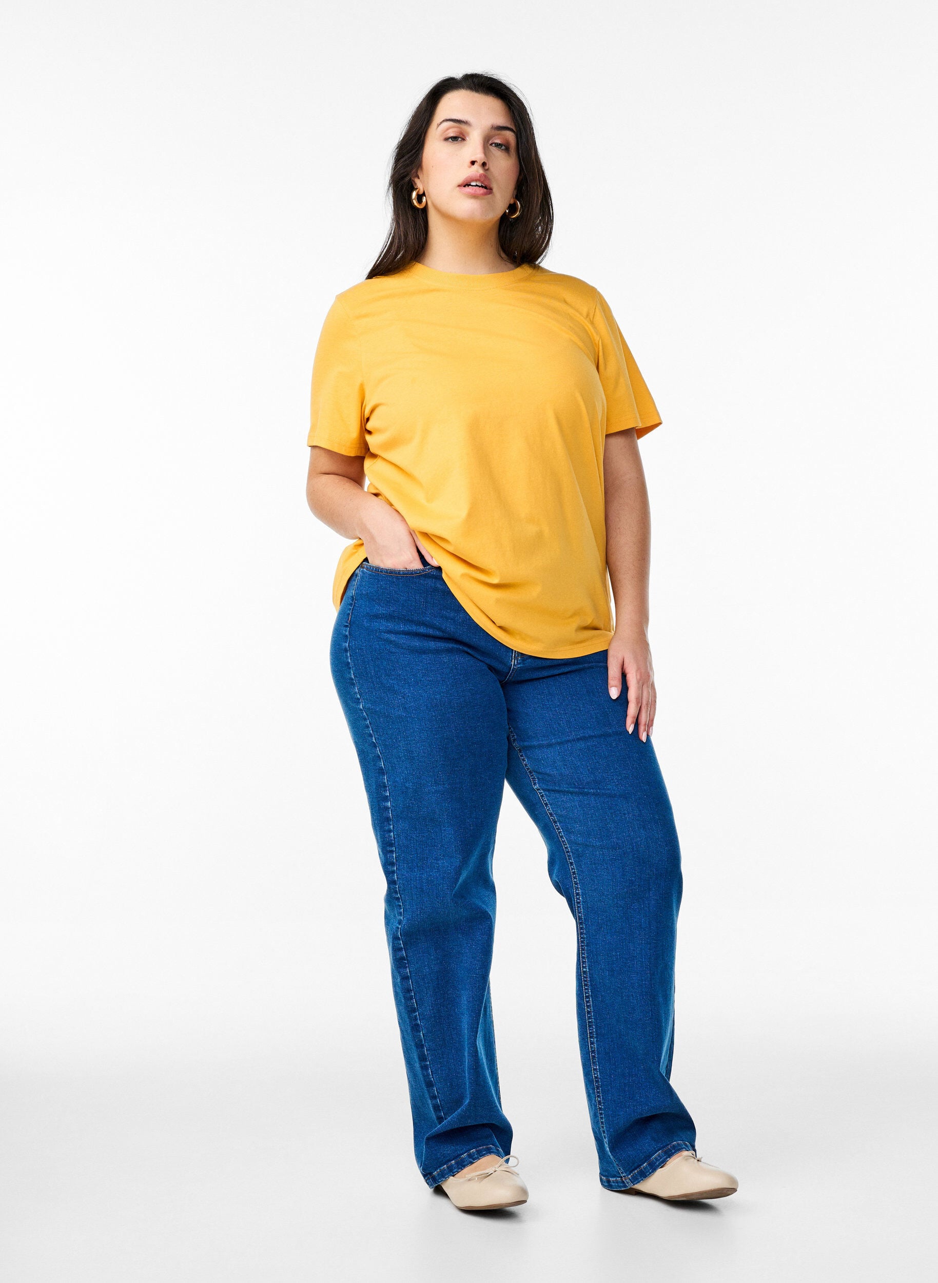 ZizziBasic katoenen T-shirt met ronde hals, Geel, Model image number 1