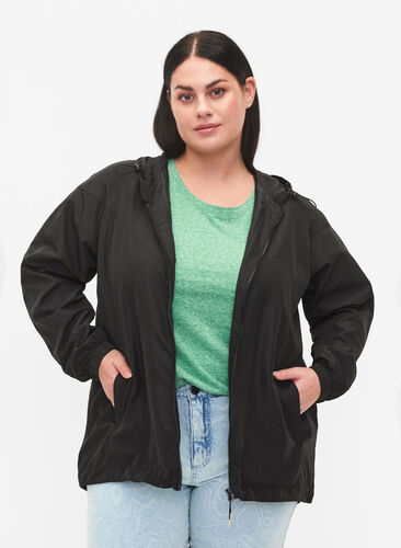 Korte jas met capuchon en verstelbare onderkant, Black, Model image number 0