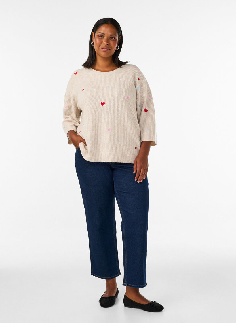 Gebreide blouse met hartjes en 3/4 mouwen, Beige, Model image number 1