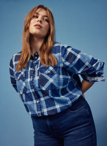Geruite blouse met borstzakken in katoen, Blue/Black Check, Image image number 0