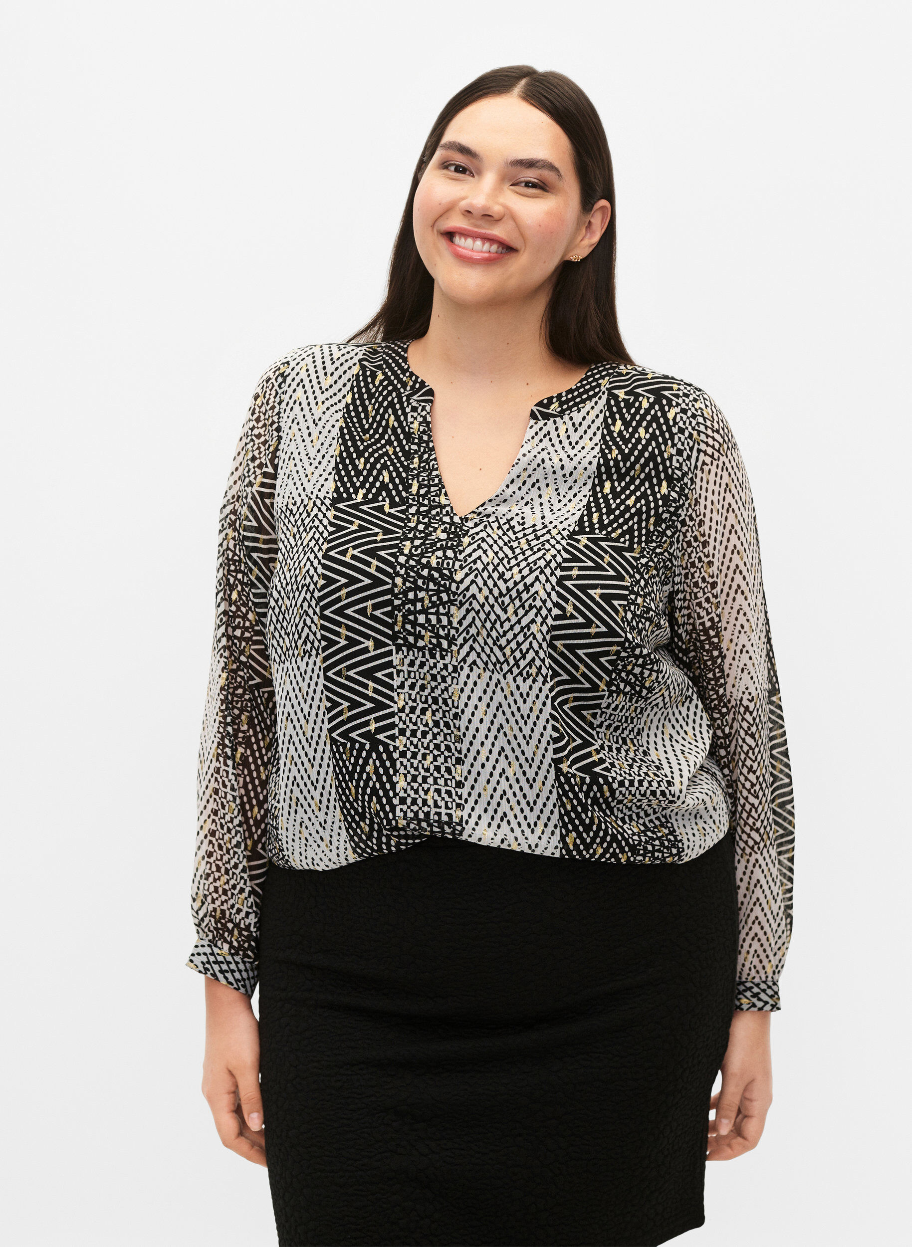 Zizzi Bedrukte blouse met V-halslijn, Zwart, Model image number 3