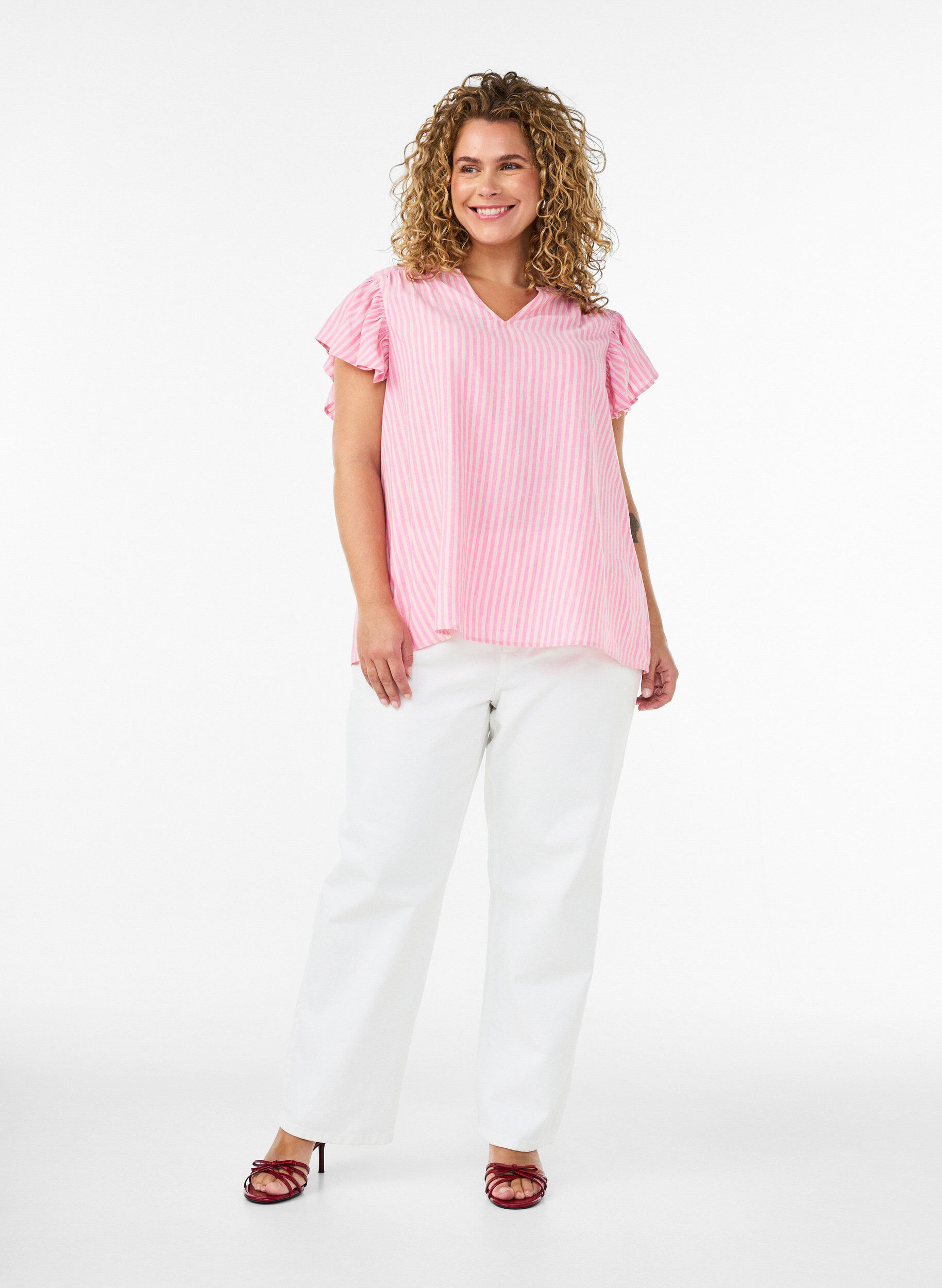 ZizziViscose en linnen blouse met ruches aan de mouwen, Roze, Model image number 1