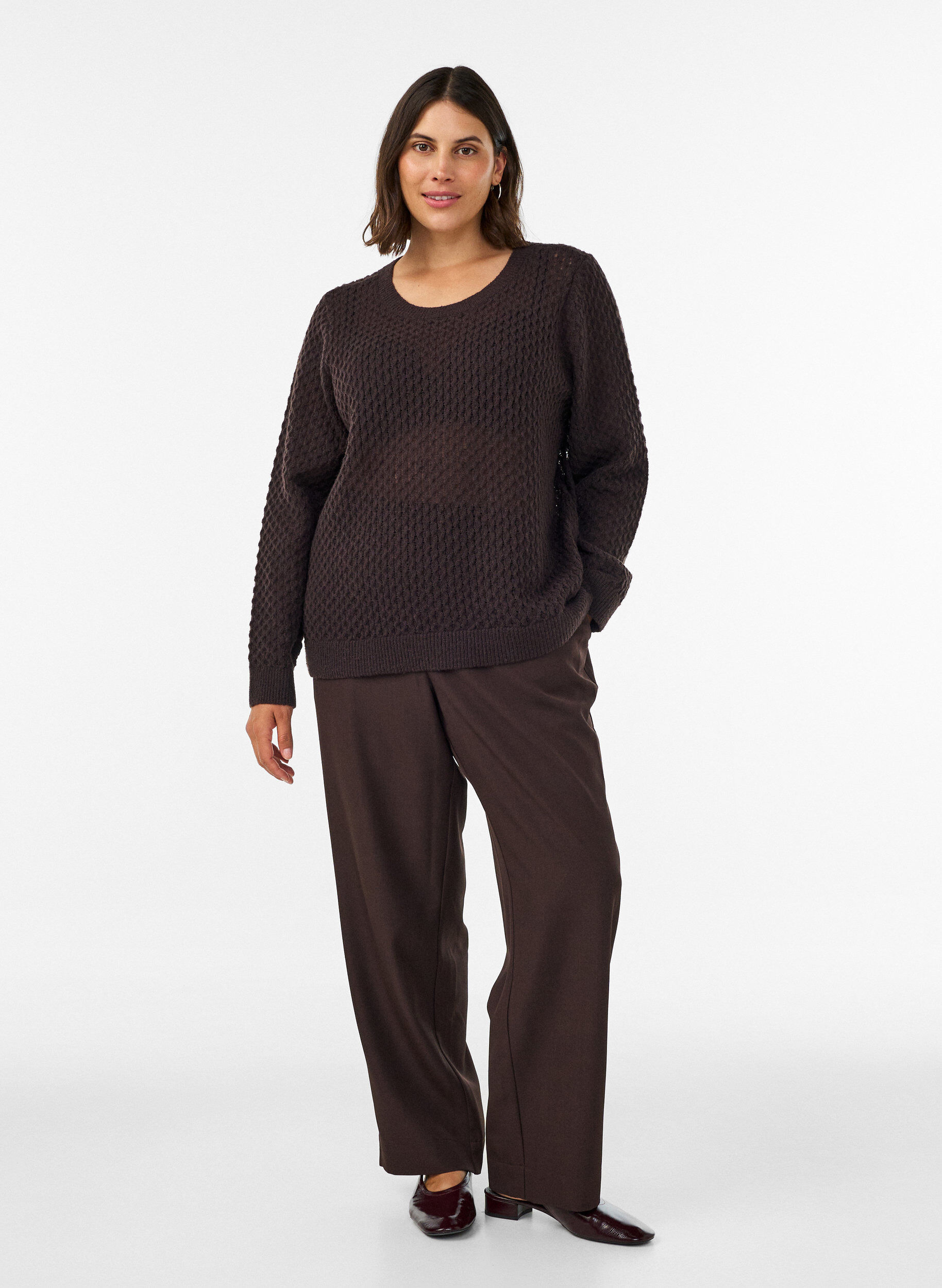ZizziGebreide blouse met een opengewerkt structuurpatroon, Bruin, Model image number 1