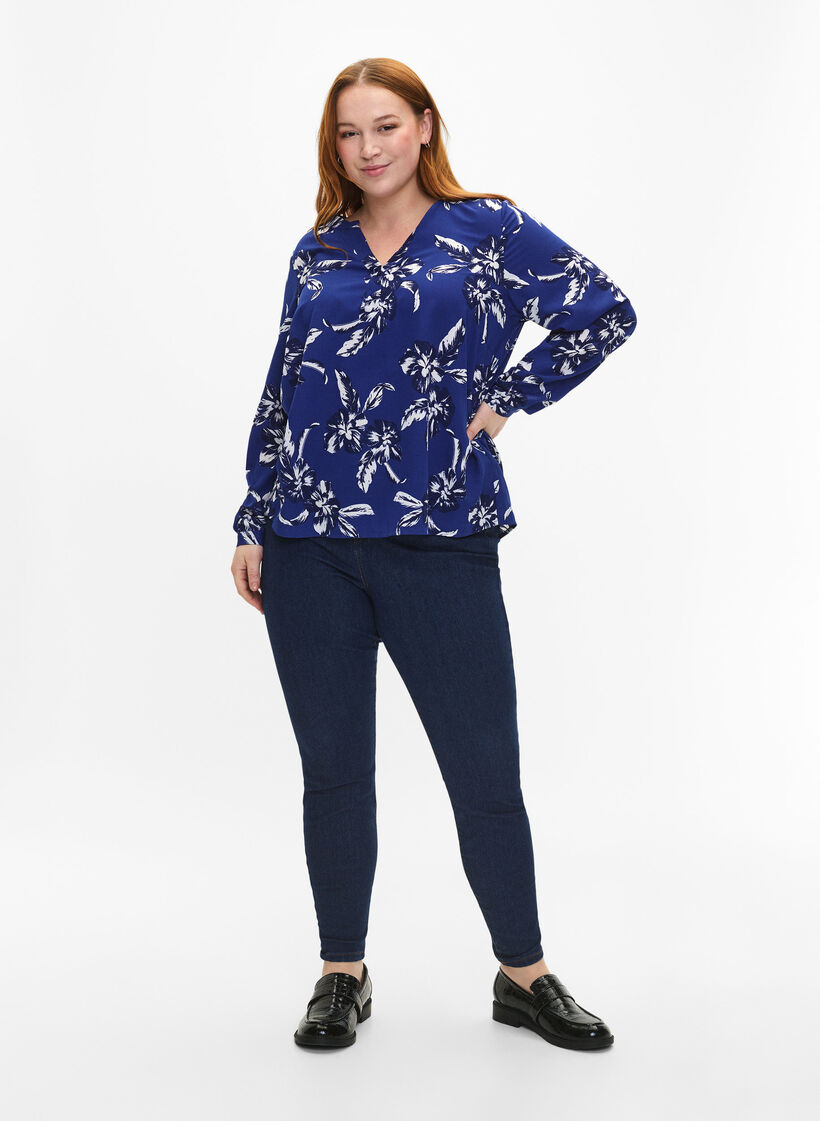 FLASH - Blouse met lange mouwen en print, Navy Blazer Flower, Model image number 2