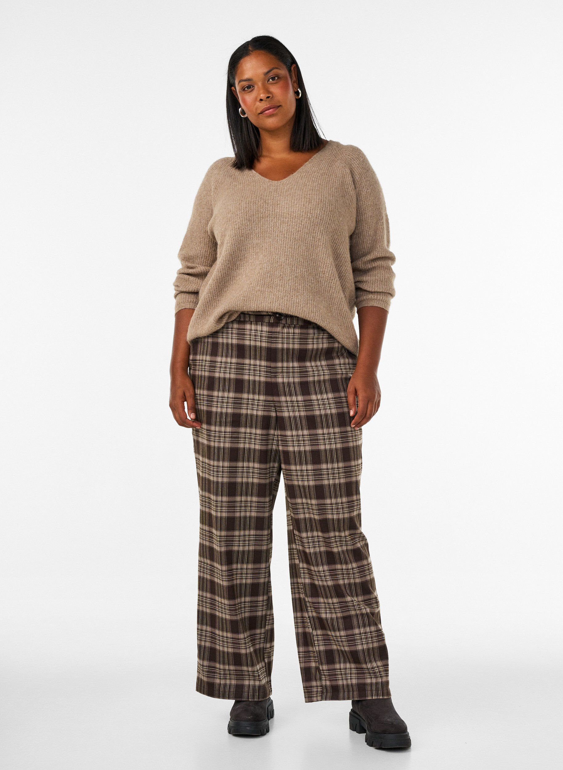 Gecrochte broek met wijde pijpen, Bruin, Model
