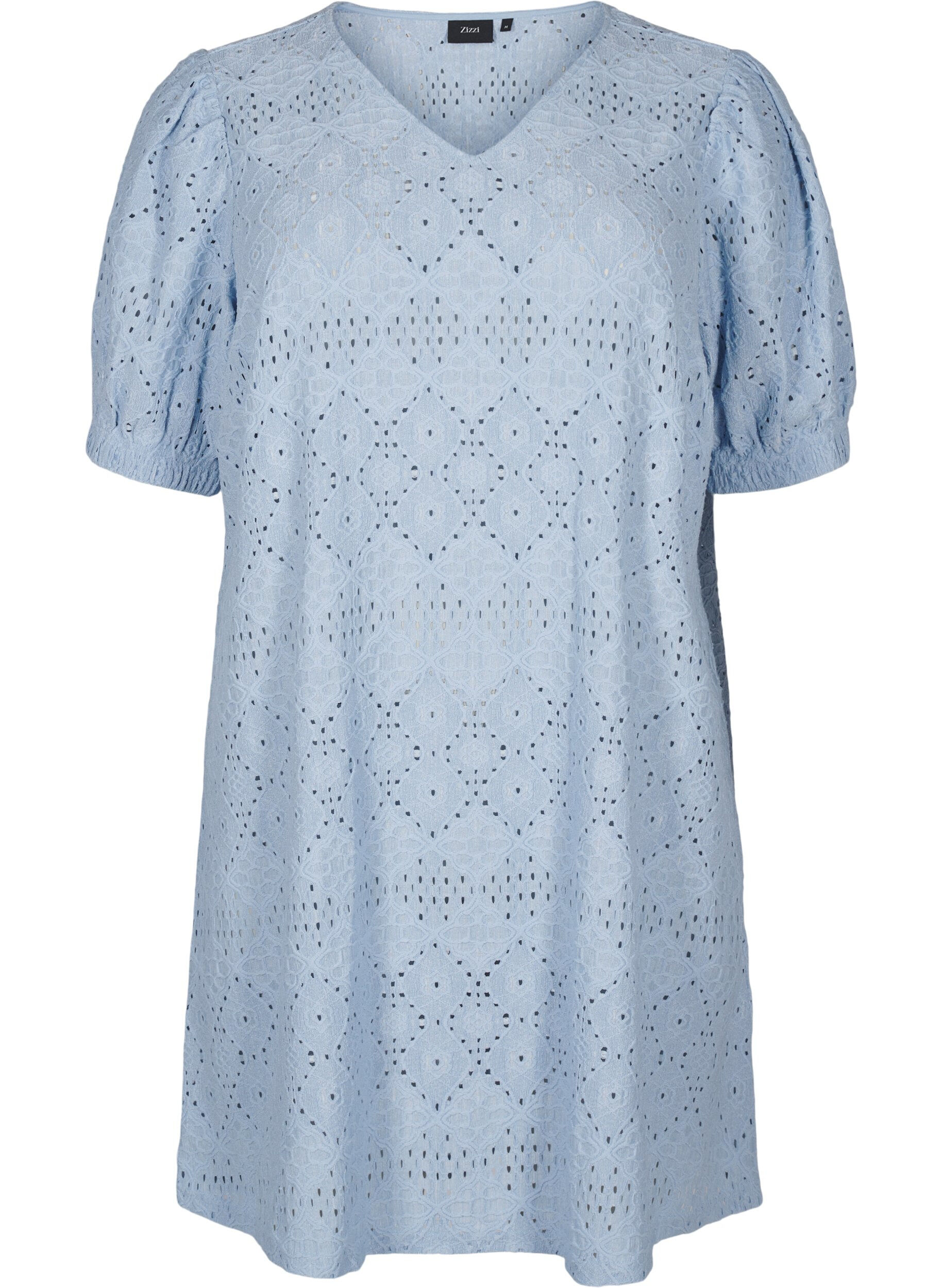 Zizzi Korte jurk met V-hals en gaatjespatroon, Cashmere Blue, Packshot image number 0