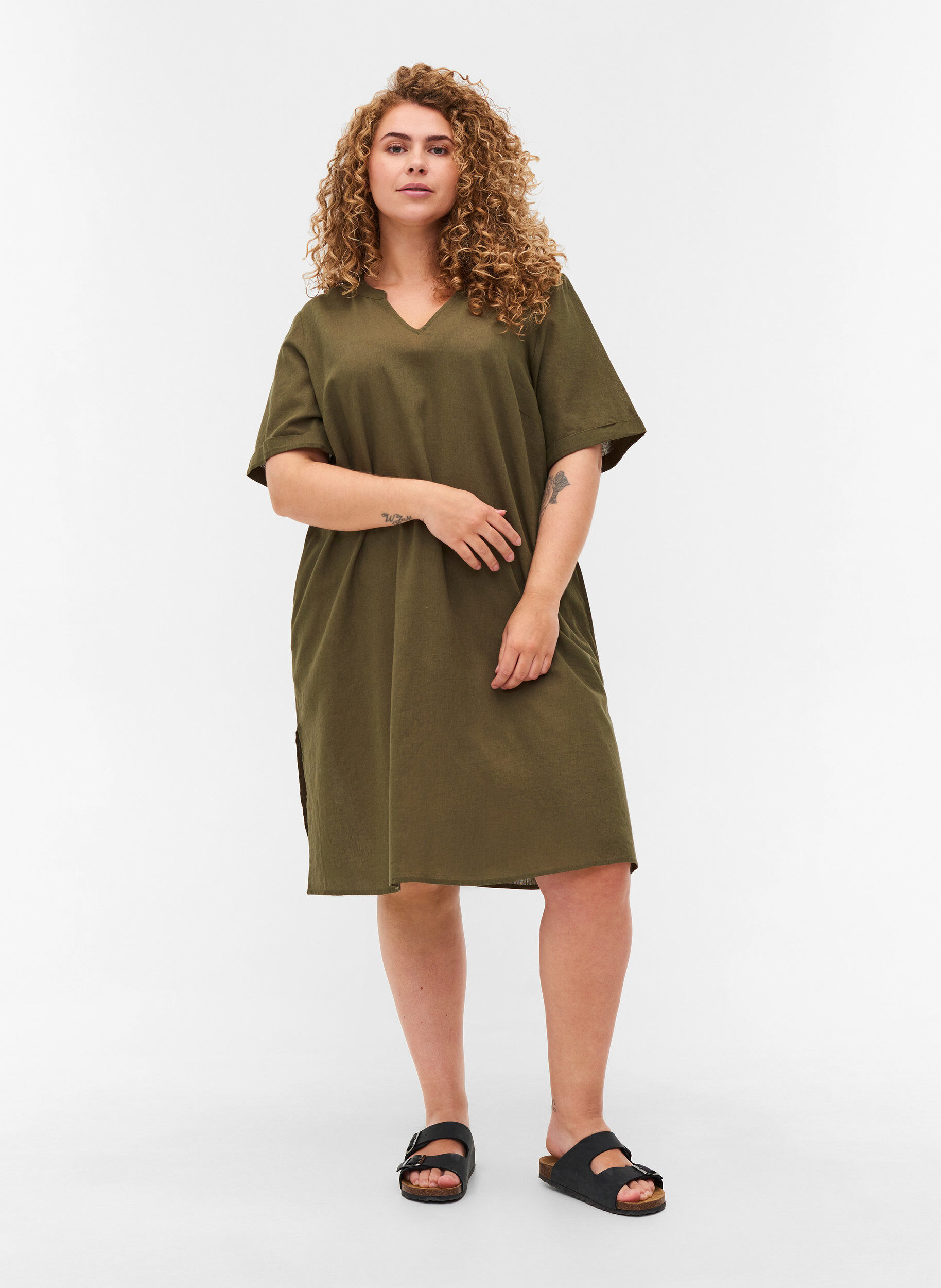 Zizzi Jurk met korte mouwen van katoenmix met linnen, Ivy Green, Model image number 2