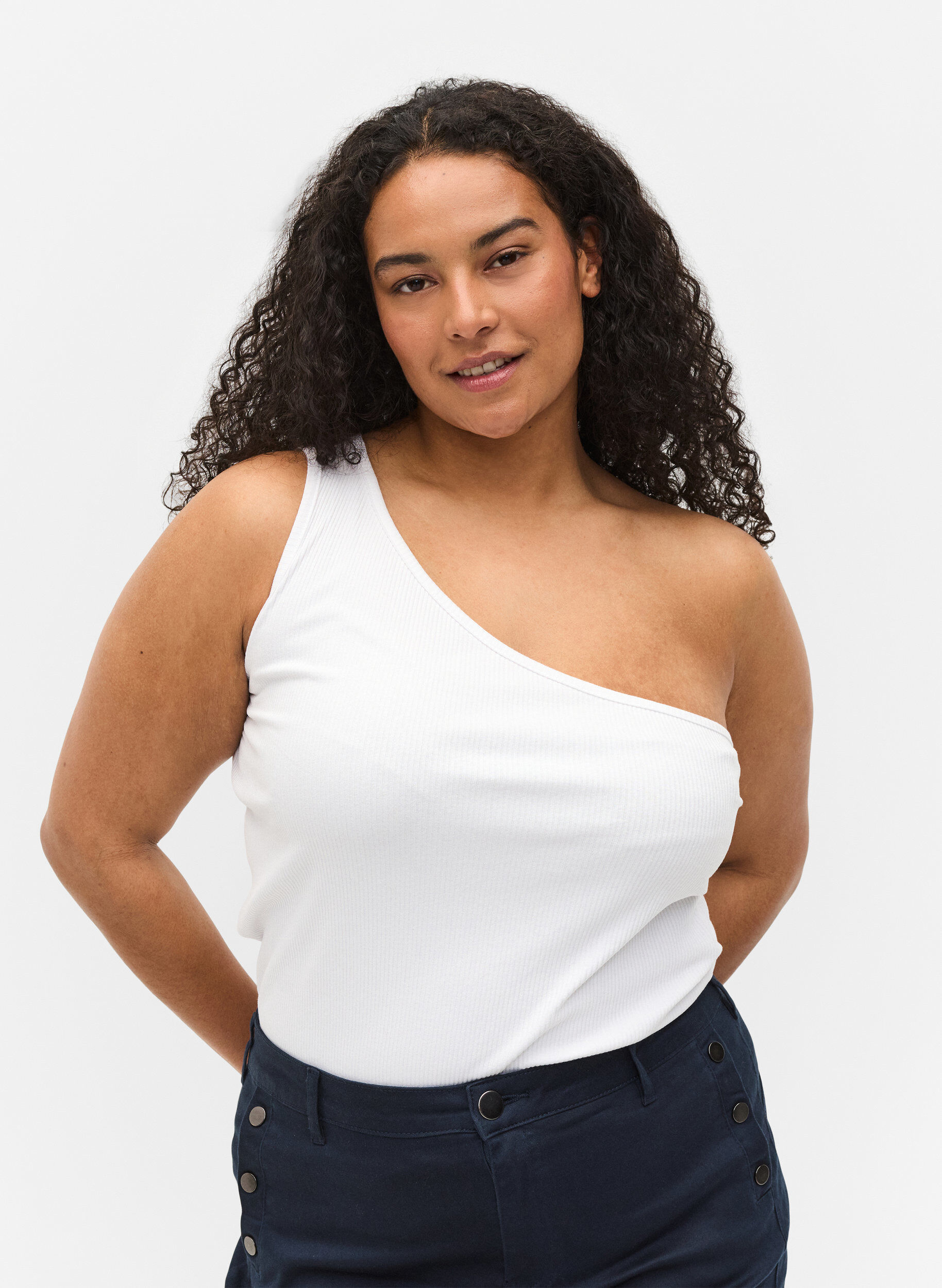 Zizzi One-shoulder top in katoen, Bright White, Model image number 0