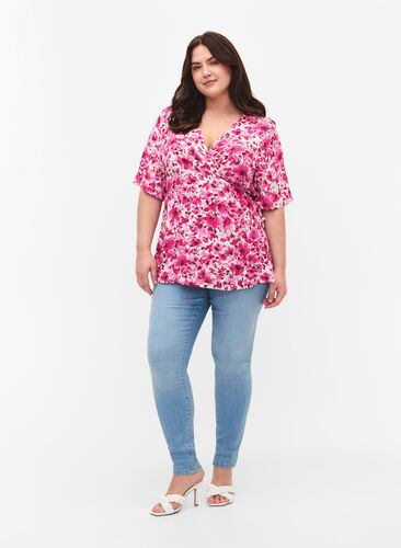 Viscose blouse met wikkel, Pink Flower Rain, Model image number 1