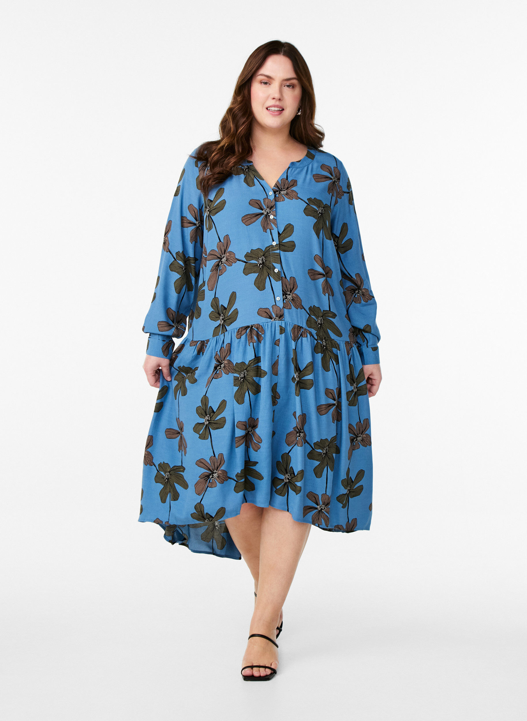 Zizzi Bedrukte viscose midi-jurk met lange mouwen, Blauw, Model image number 1