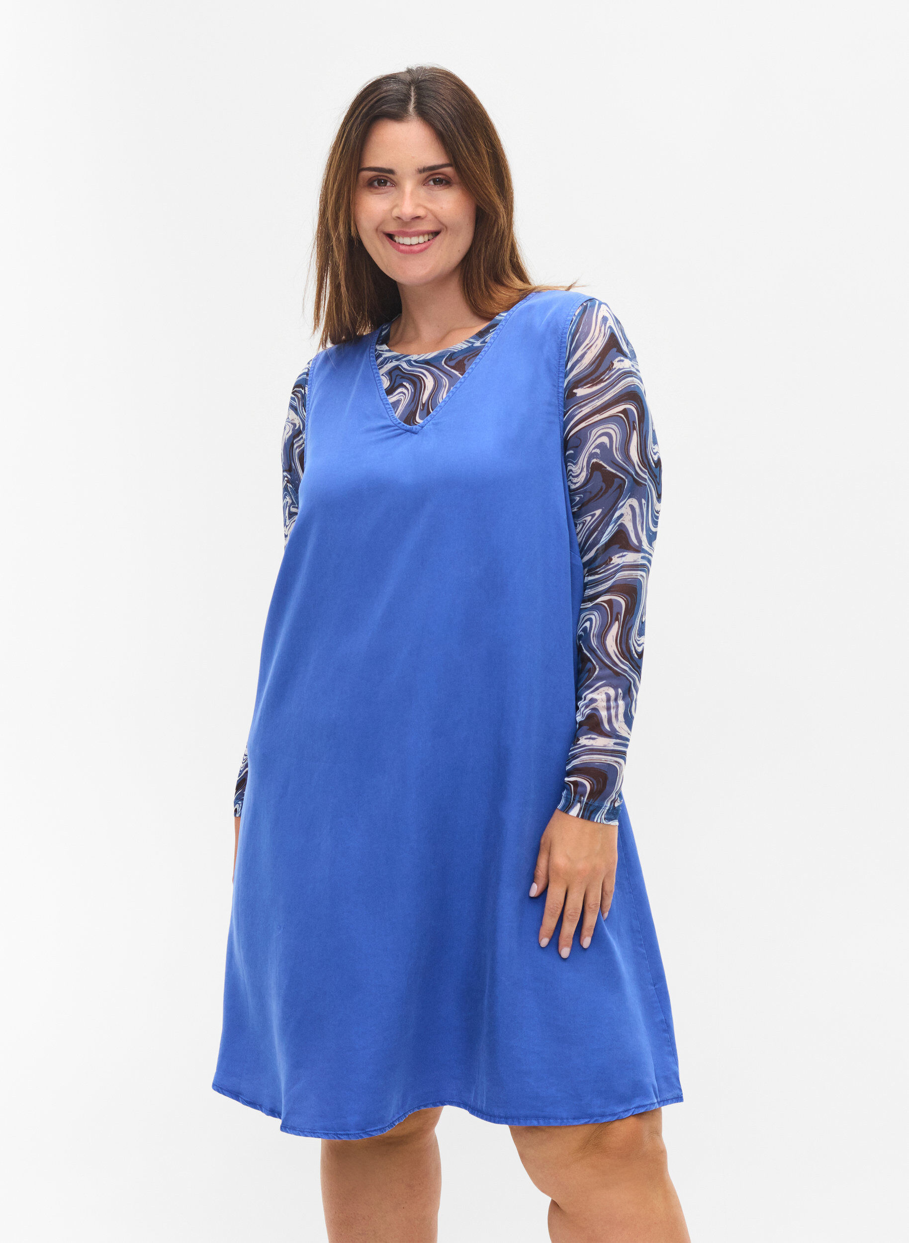 Zizzi Spencer-jurk met v-hals, Dazzling Blue, Model image number 0