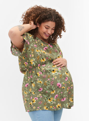 Gebloemde zwangerschapsblouse van viscose, Green Flower Print, Model image number 0