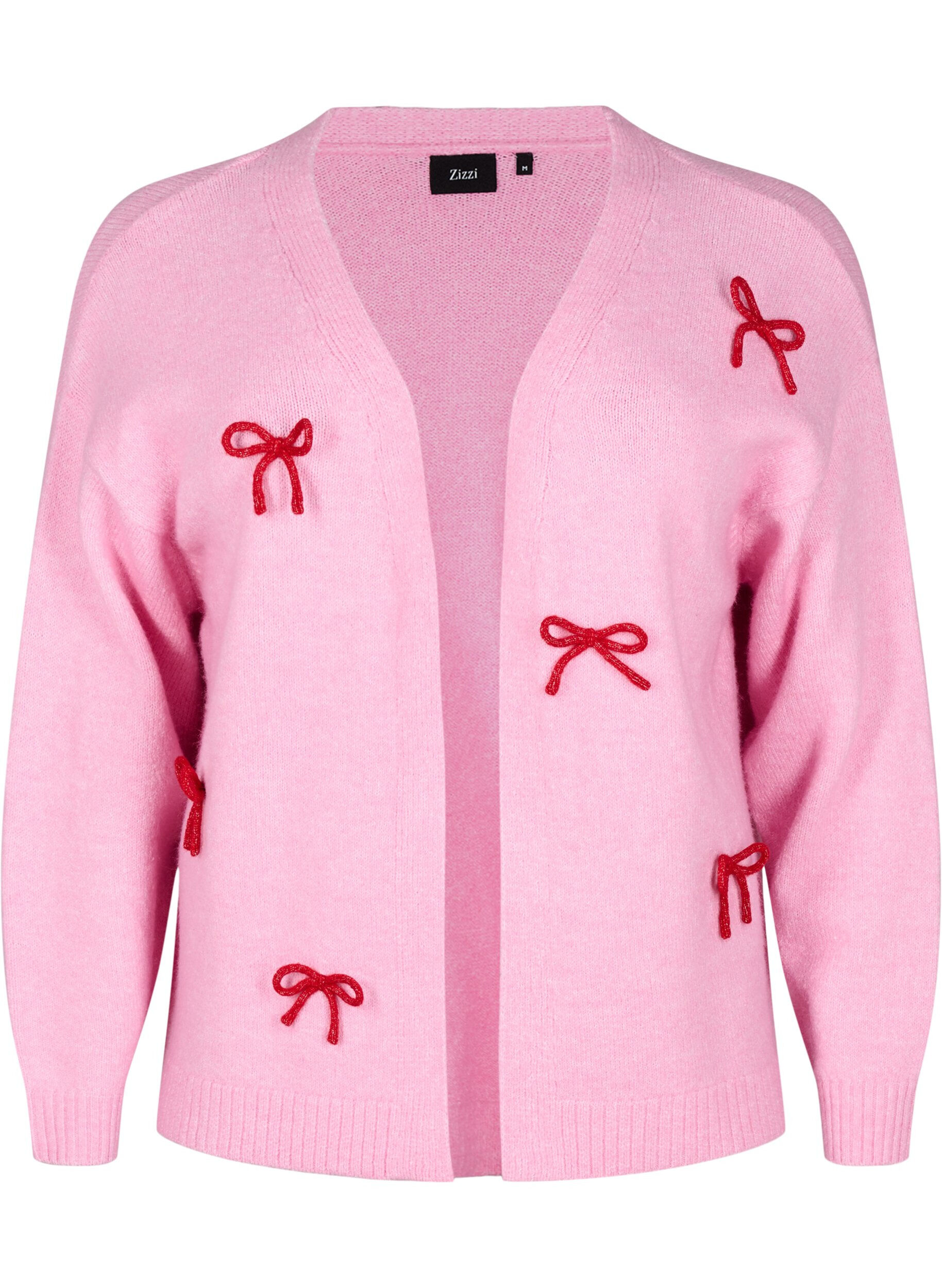 Zizzi Korte gebreide cardigan met strikken, Begonia Pink Comb, Packshot image number 0