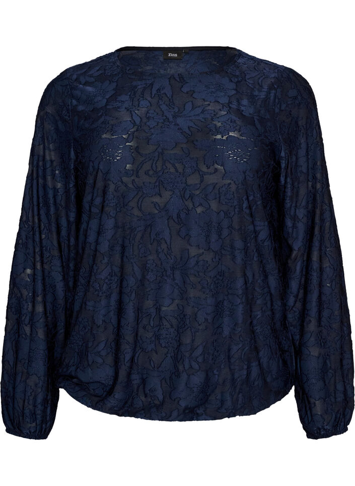 Doorschijnende blouse met bloemenstructuur en lange mouwen, Blauw, Packshot image number 0