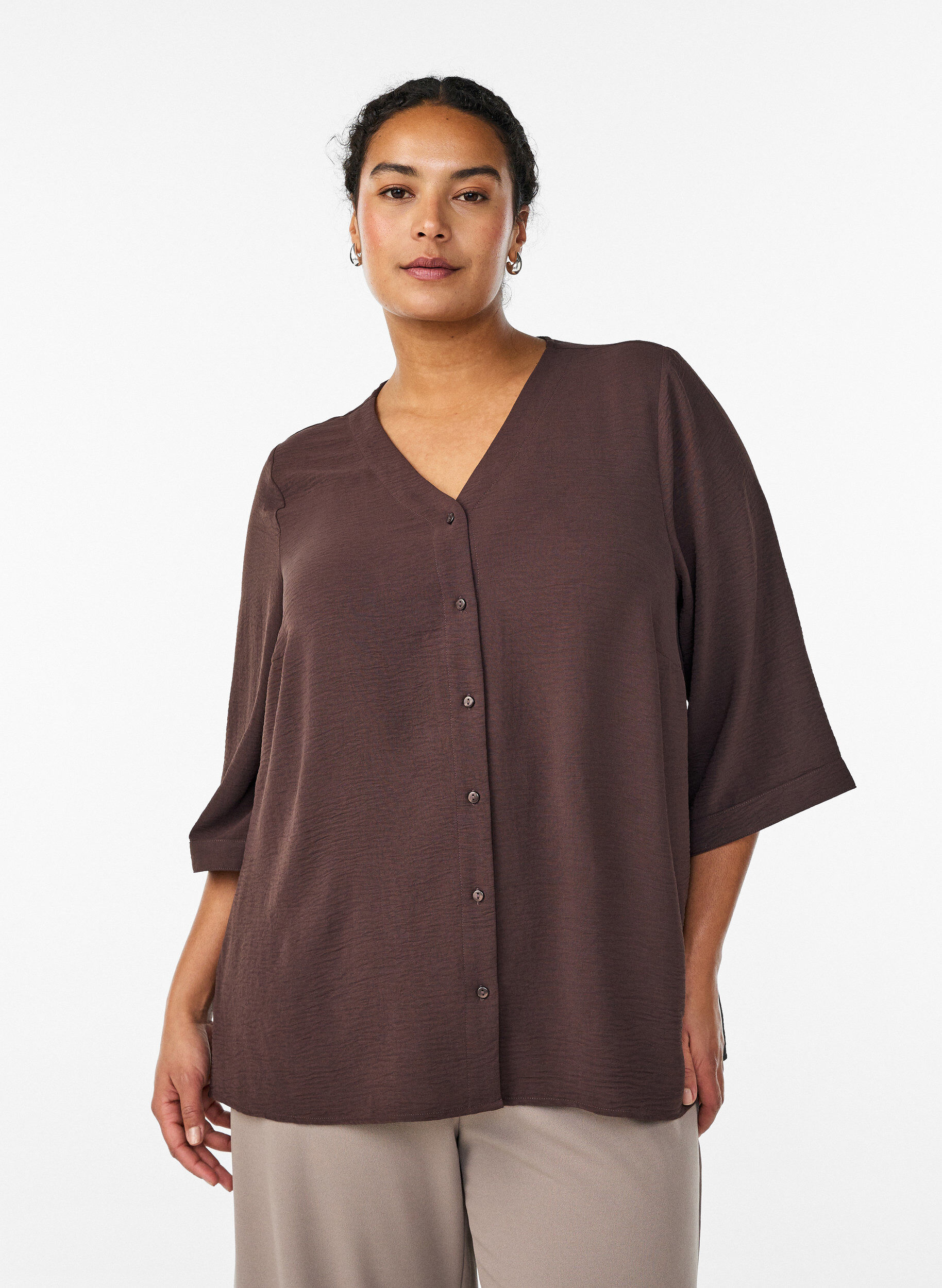 Shirtblouse met V-hals en 3/4 mouwen, Bruin, Model