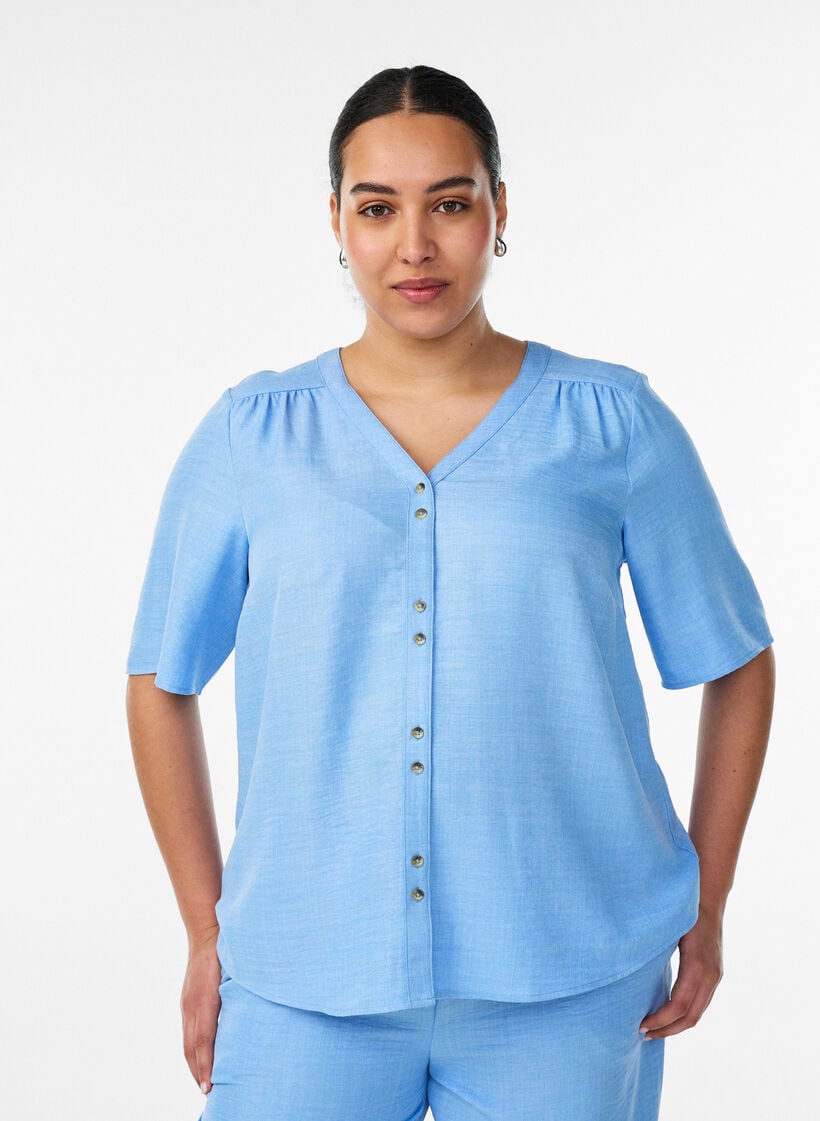 Overhemd blouse met V-hals en korte mouwen, Blauw, Model image number 0