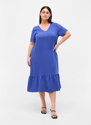 Viscose jurk met korte mouwen en v-hals, Dazzling Blue, Model image number 2