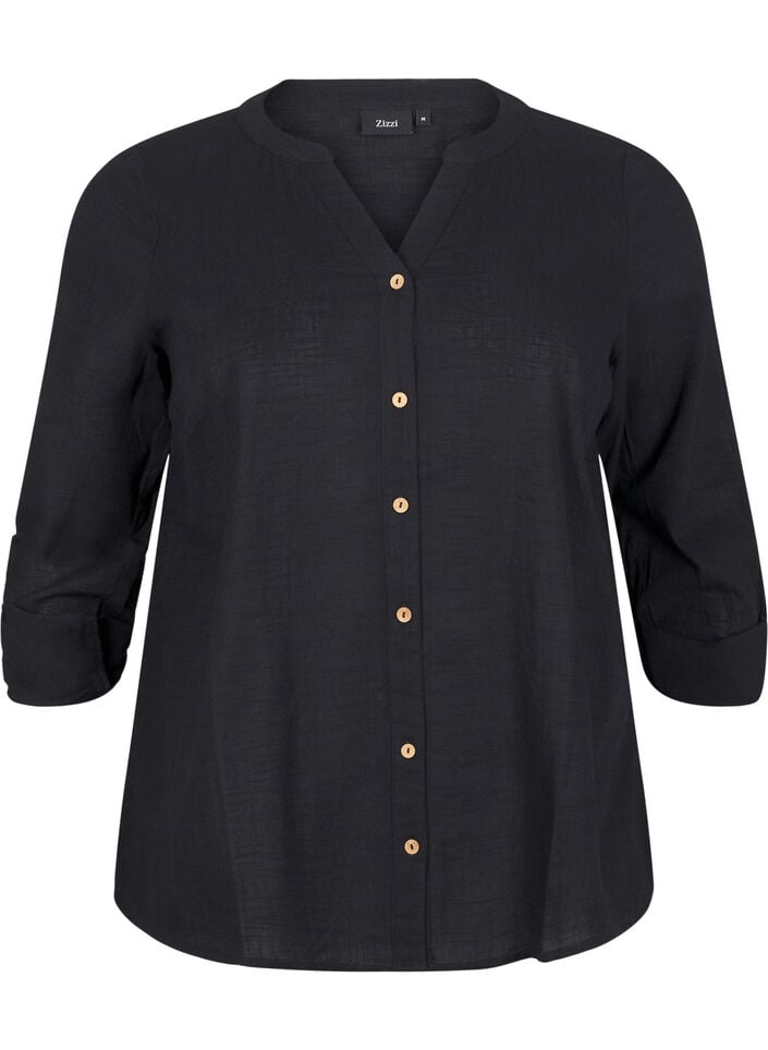 Katoenen blouse met een V-hals, Zwart, Packshot image number 0