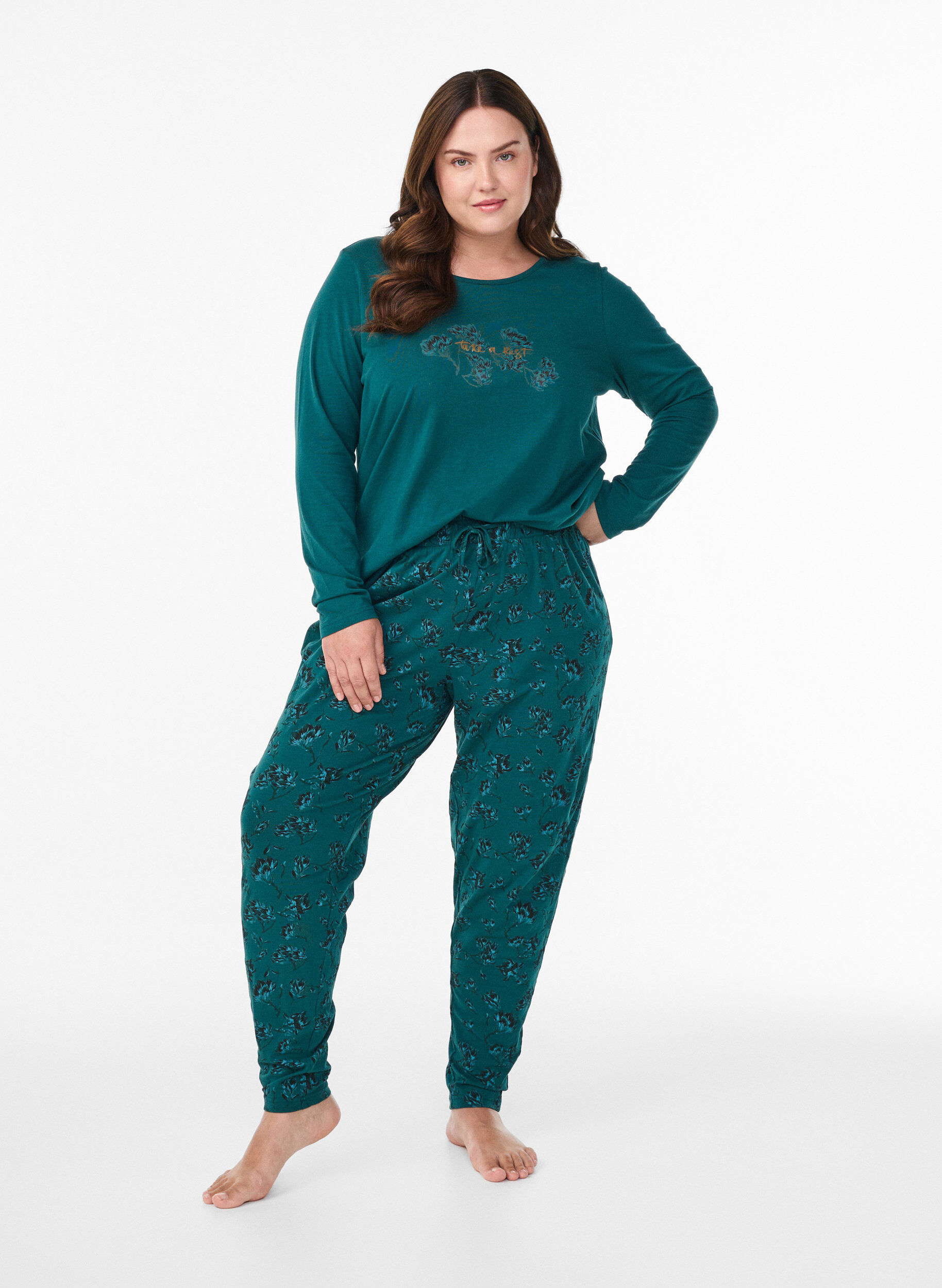 Zizzi Nacht top in katoen met print aan de voorkant, Turquoise, Model image number 1