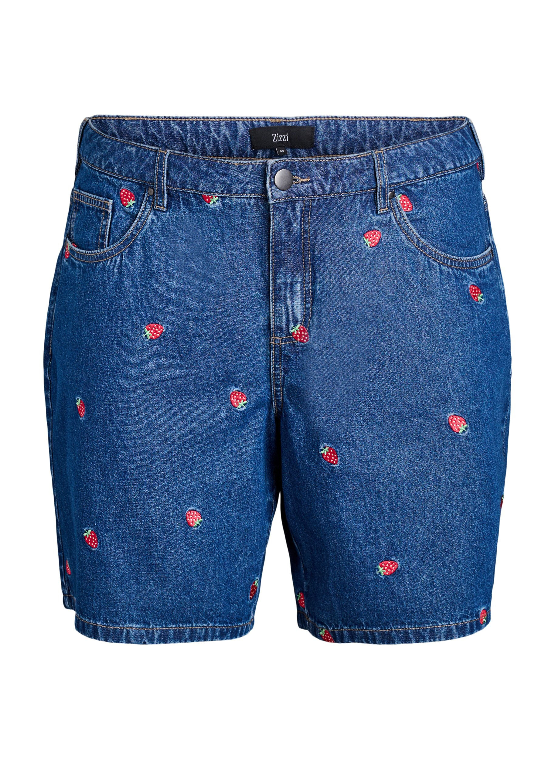 ZizziKorte spijkerbroek met geborduurde aardbeien, Blauw, Packshot image number 0