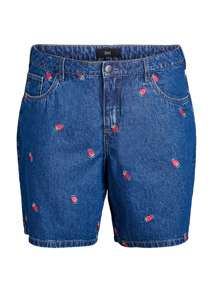Korte spijkerbroek met geborduurde aardbeien, Blauw, Packshot image number 0