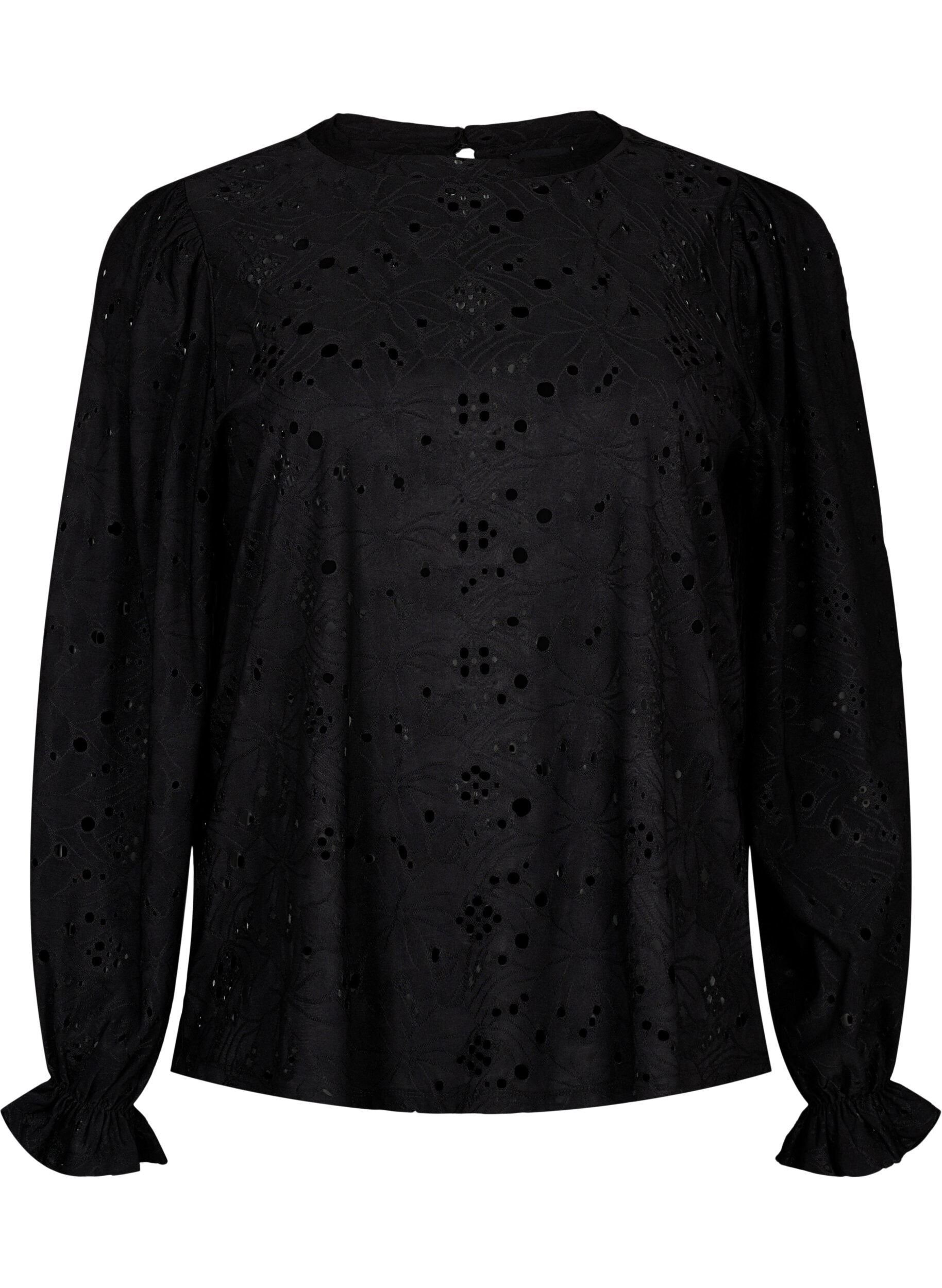 Zizzi Blouse met lange mouwen en gaatjespatroon, Black, Packshot image number 0