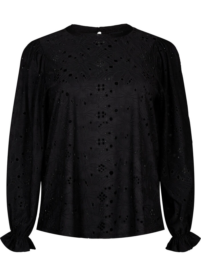 Blouse met lange mouwen en gaatjespatroon, Black, Packshot image number 0