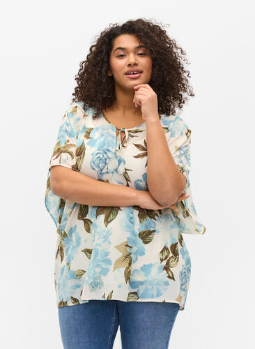 Bedrukte blouse met strikkoord en korte mouwen, Cloud Dancer Flower , Model image number 0