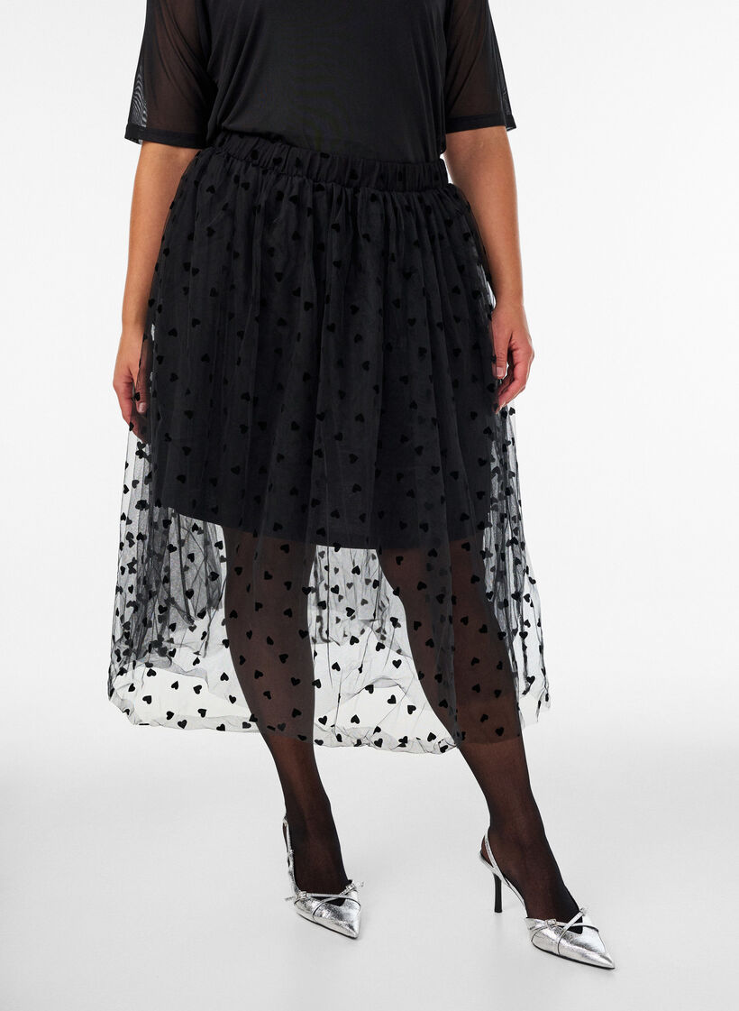 Midi-tule rok met hartjes, Zwart, Model image number 0
