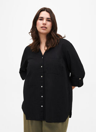 Shirt blouse met knoopsluiting van katoen-linnenmix, Black, Model image number 0