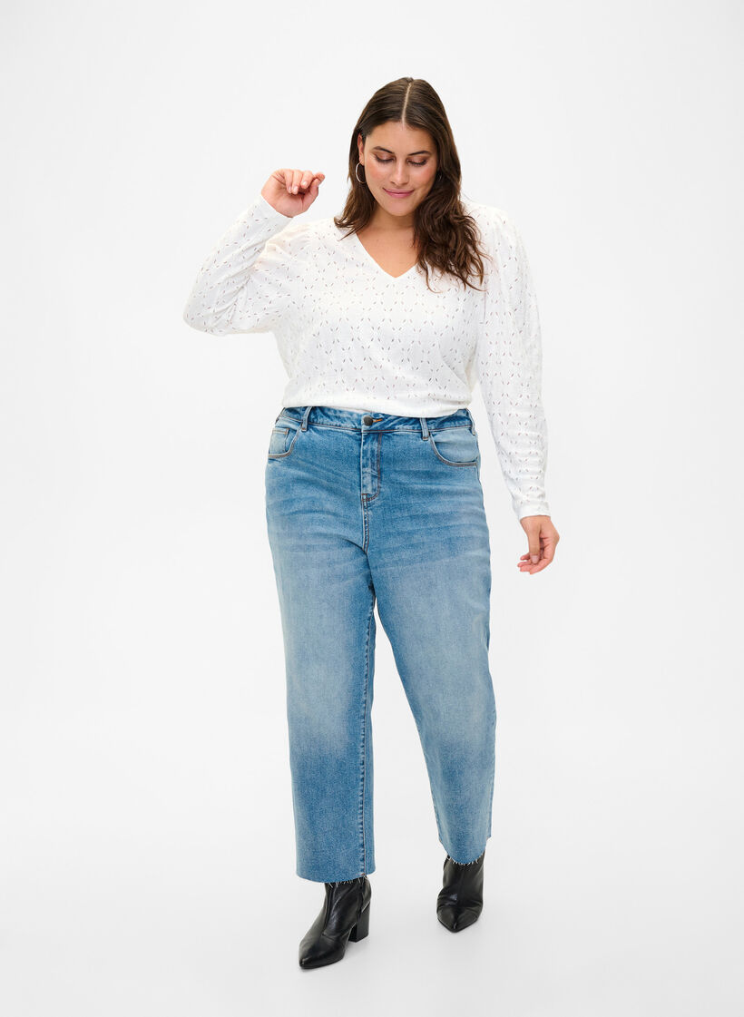 7/8 jeans met ruwe randjes en hoge taille, Light blue denim, Image