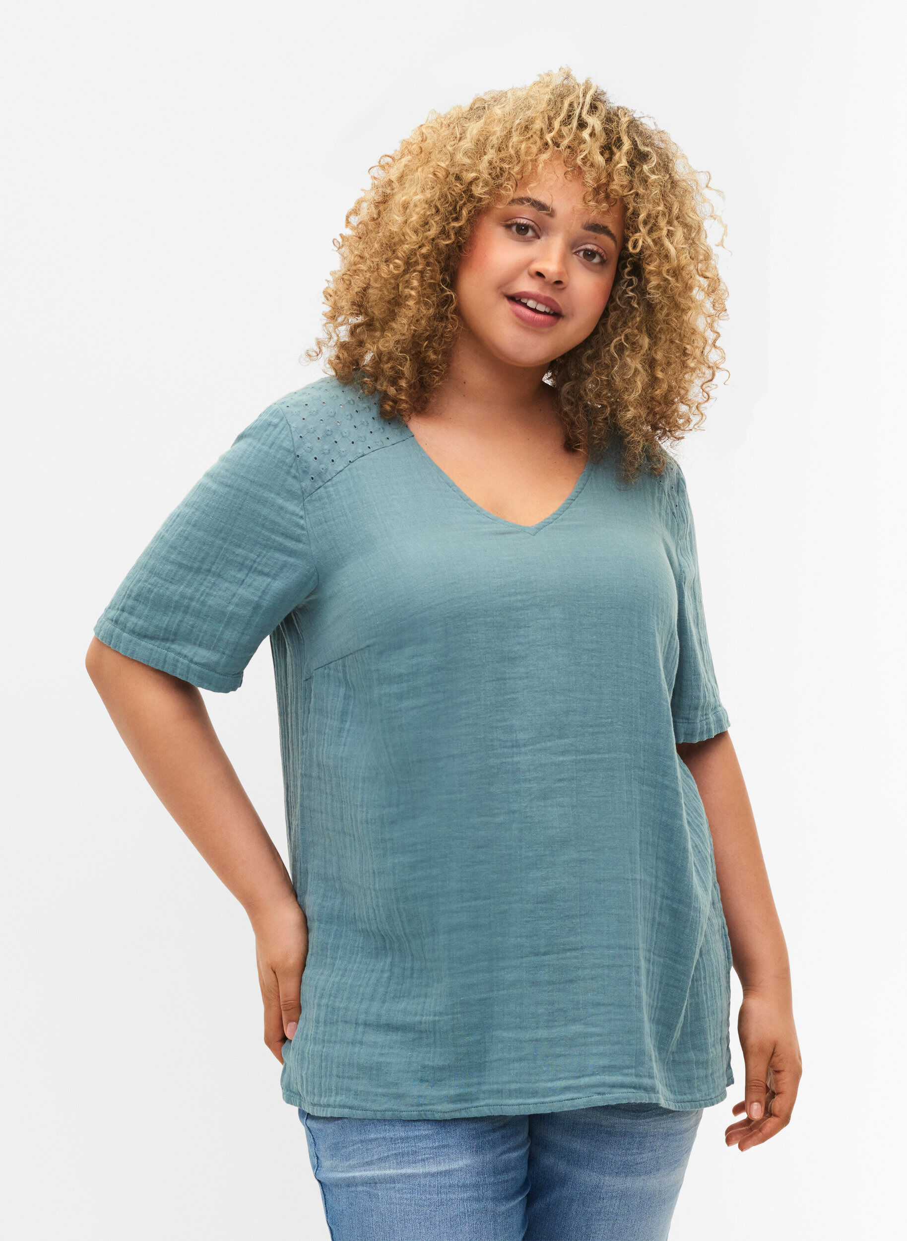 Zizzi Katoenen blouse met borduursel en korte mouwen, Smoke Blue, Model image number 0