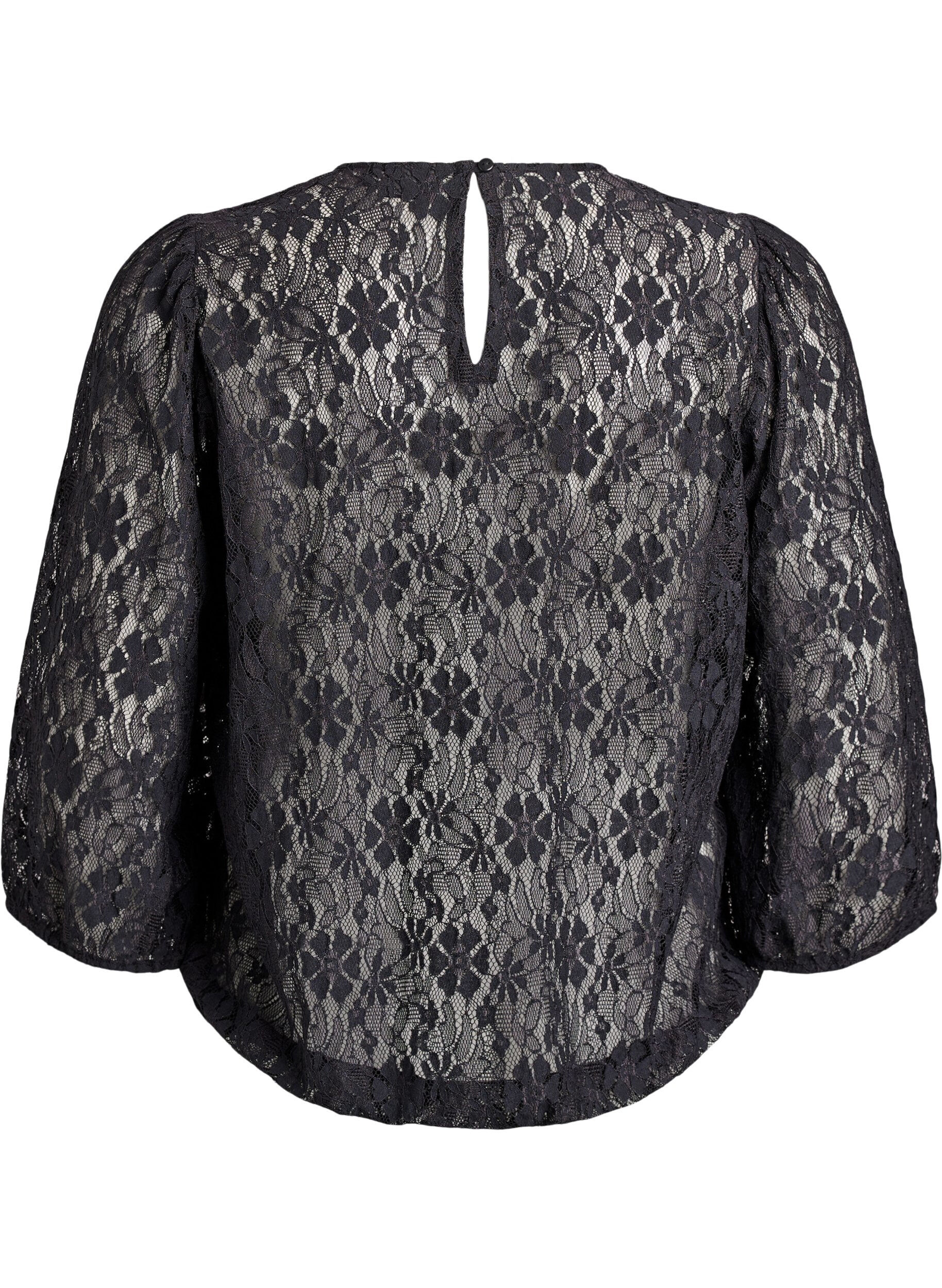 Zizzi Kantblouse met 3/4 mouwen, Zwart, Packshot image number 1