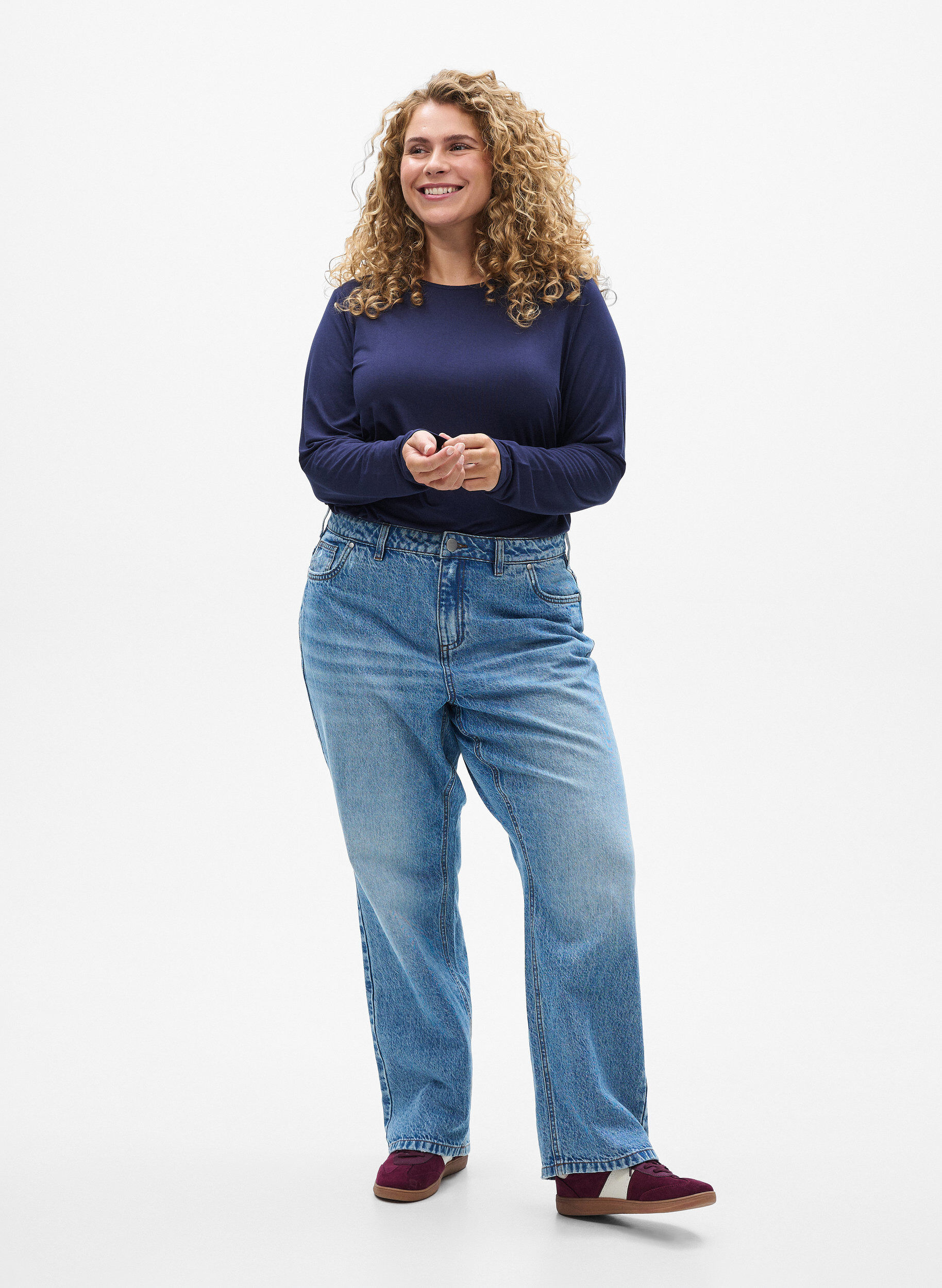 Zizzi Blouse met lange mouwen in een effen kleur, Blauw, Model image number 1