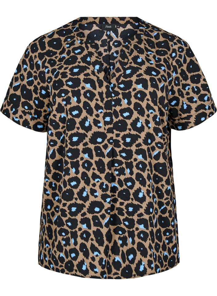 Blouse met korte mouwen en V-hals, Bruin, Packshot image number 0