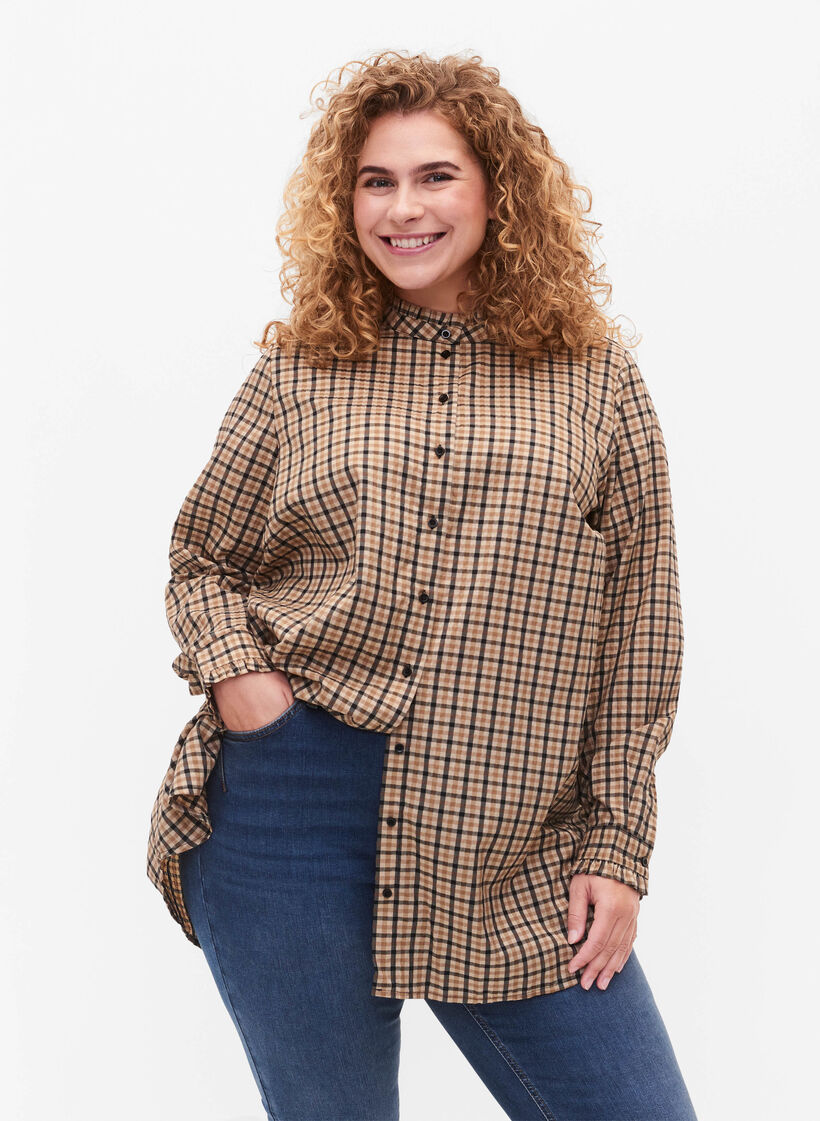 Geruite overhemdblouse met ruches, Brown Check, Model
