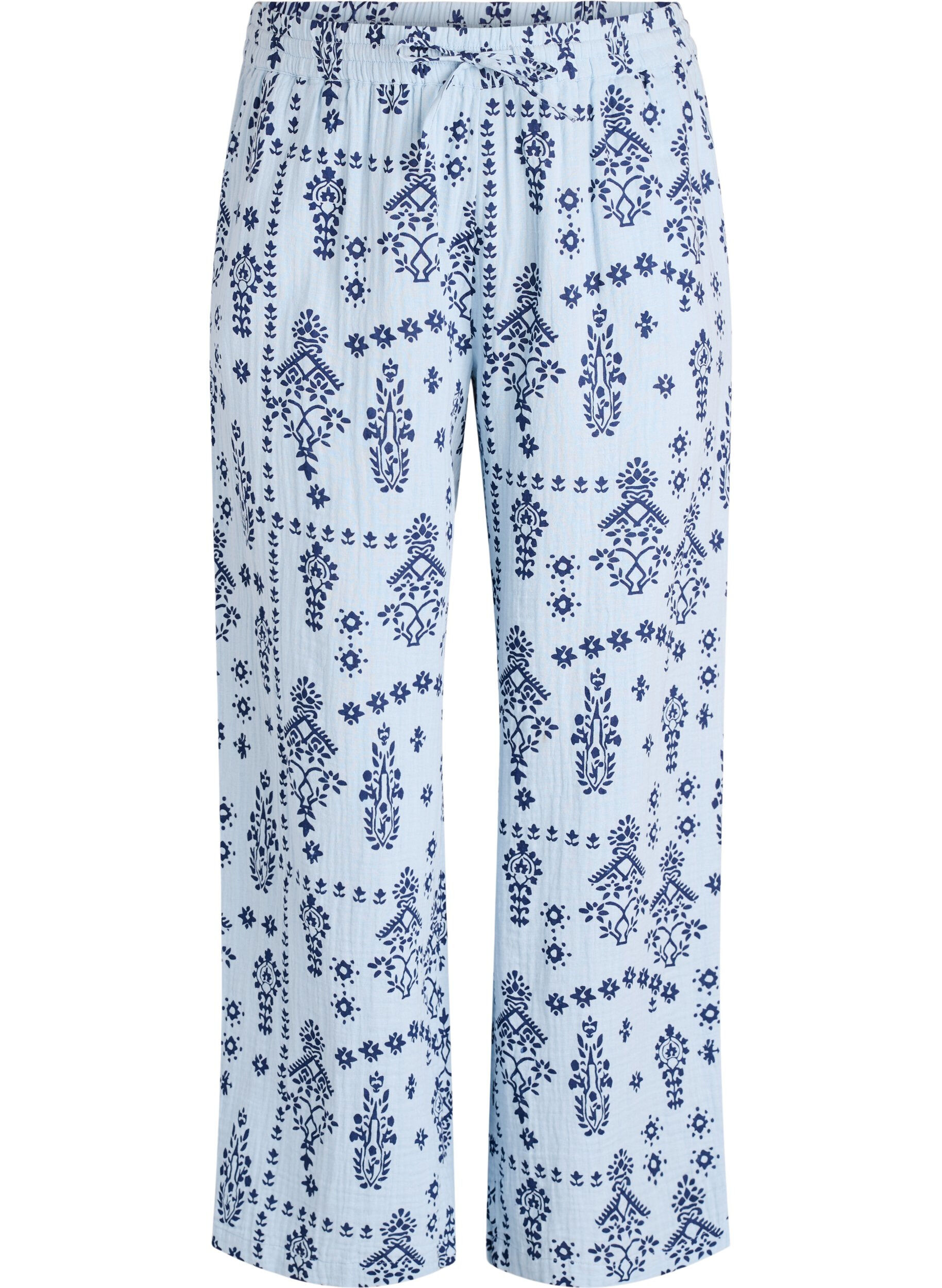 Zizzi Losse broek in katoenen mousseline met stippen, Blauw, Packshot image number 0