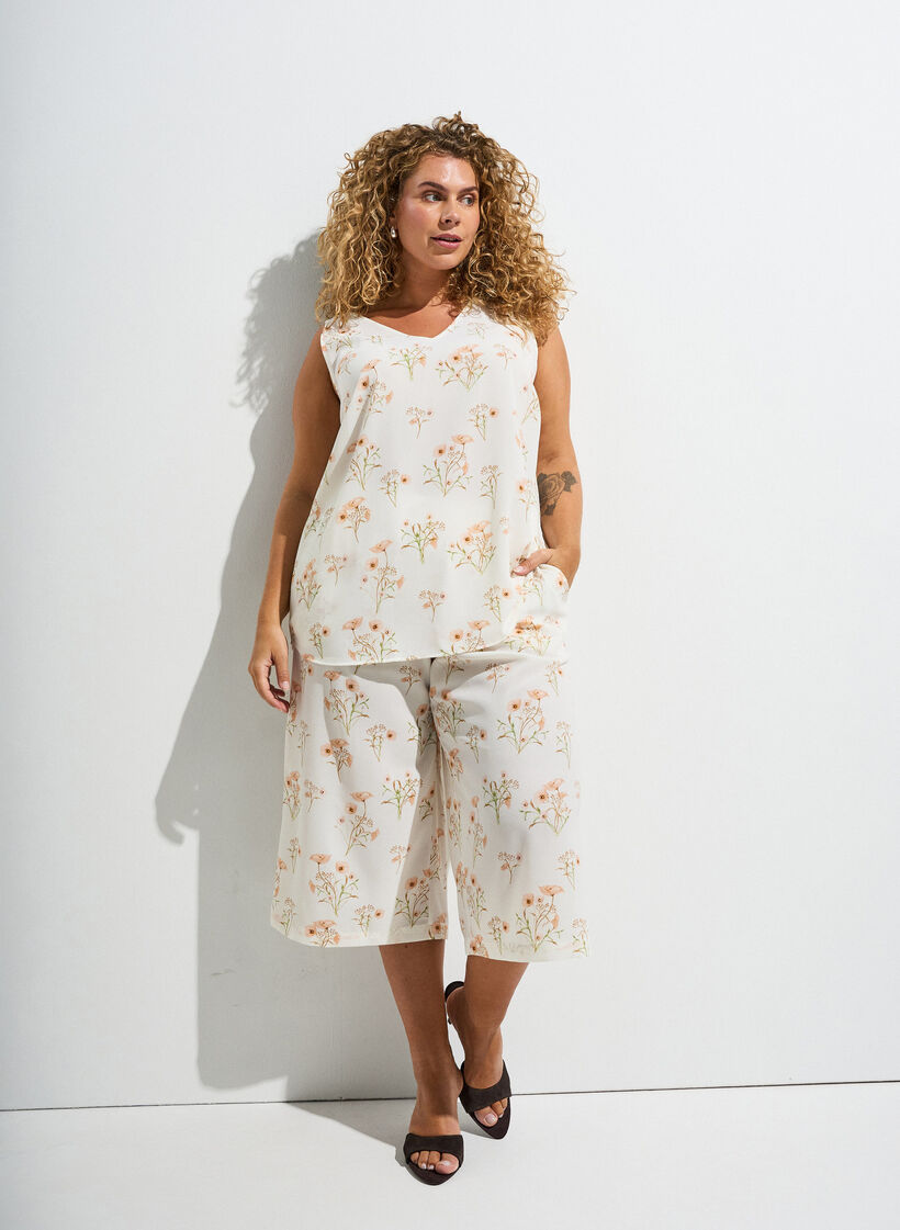 Top met print en V-hals, Wit, Image image number 0