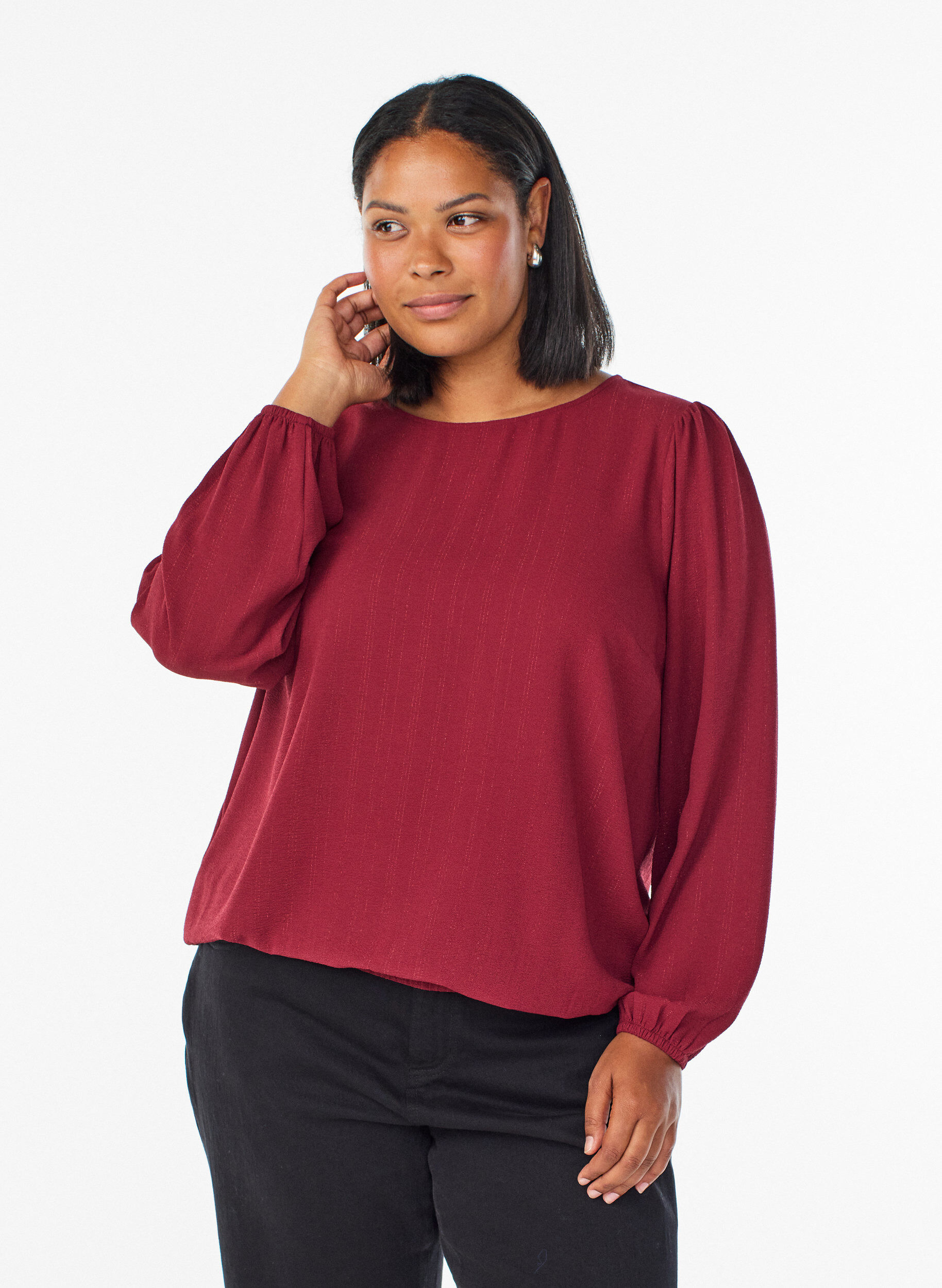Blouse met glitter, Donker Bordeaux, Model