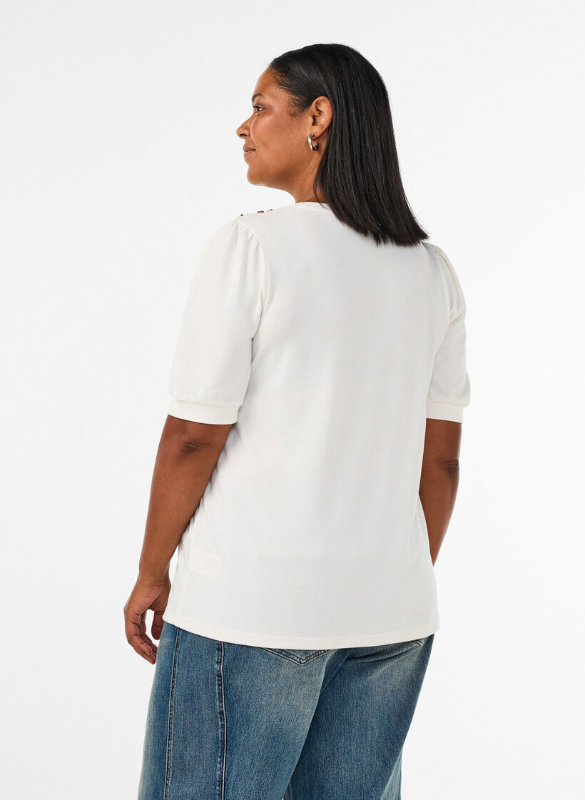 Blouse met knoopdetail en korte pofmouwen, Beige, Model image number 2