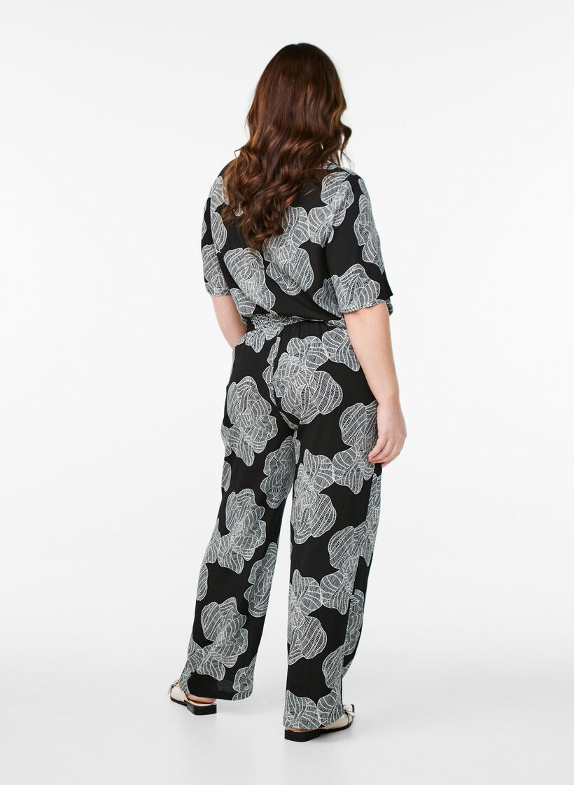 Losvallende viscose broek met print, Zwart, Model image number 1