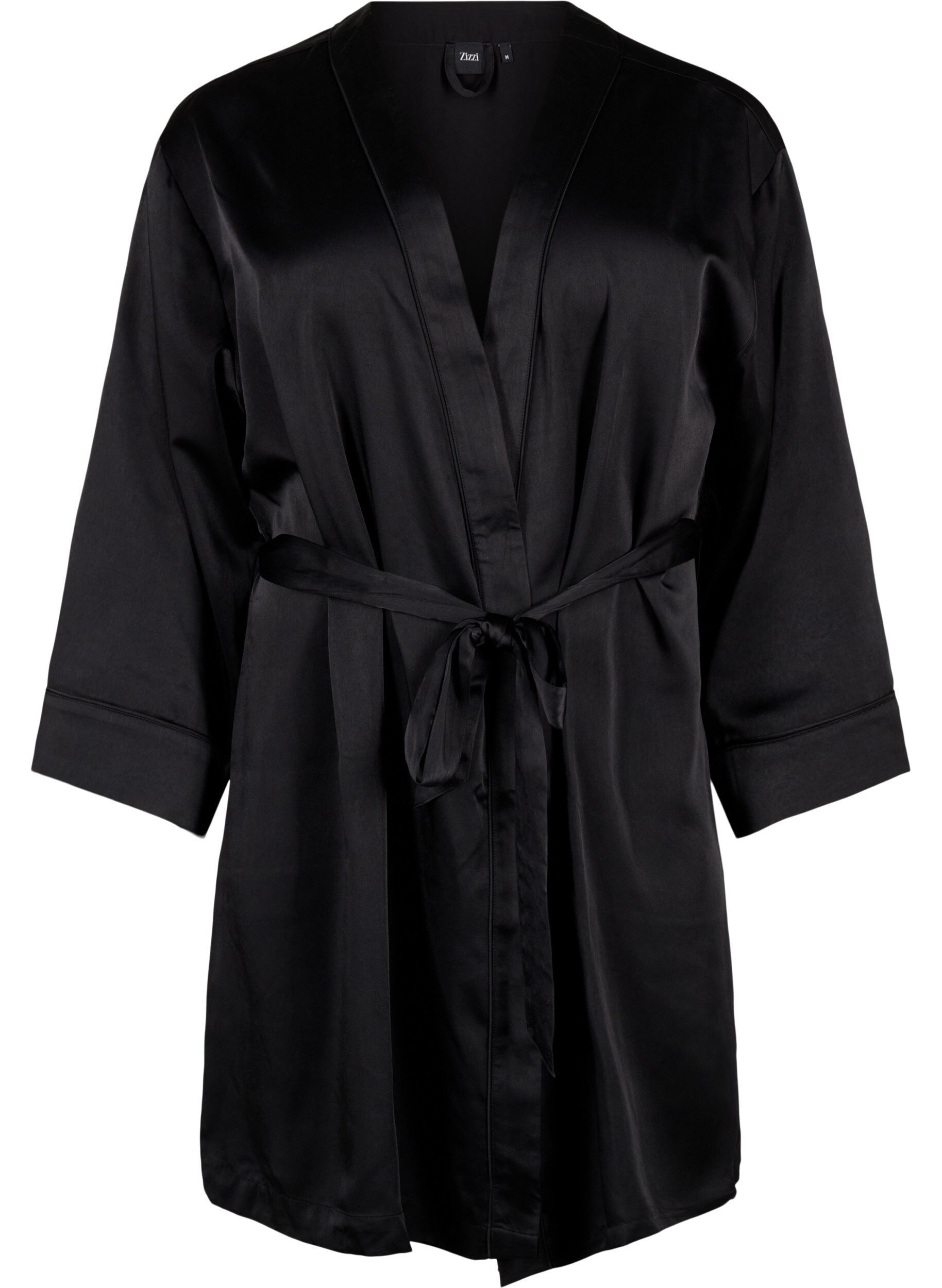 Zizzi Satijnen kimono met riem, Black, Packshot image number 0