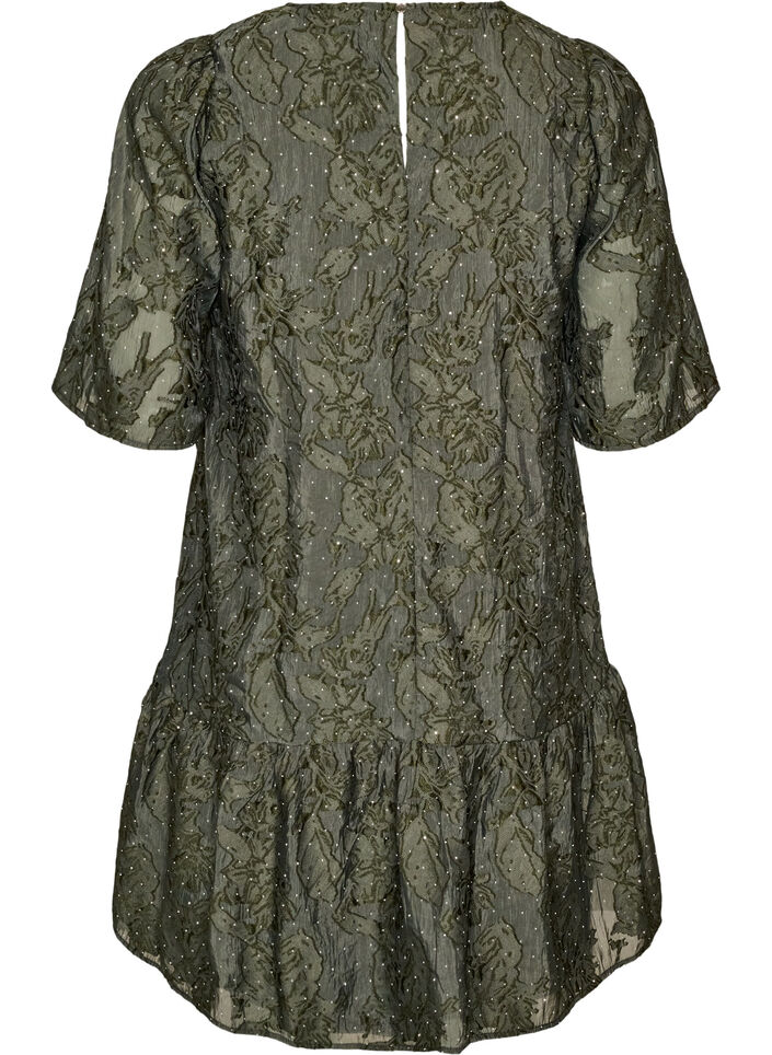 Jacquard jurk met glanzende details en pofmouwen, Groen, Packshot image number 1